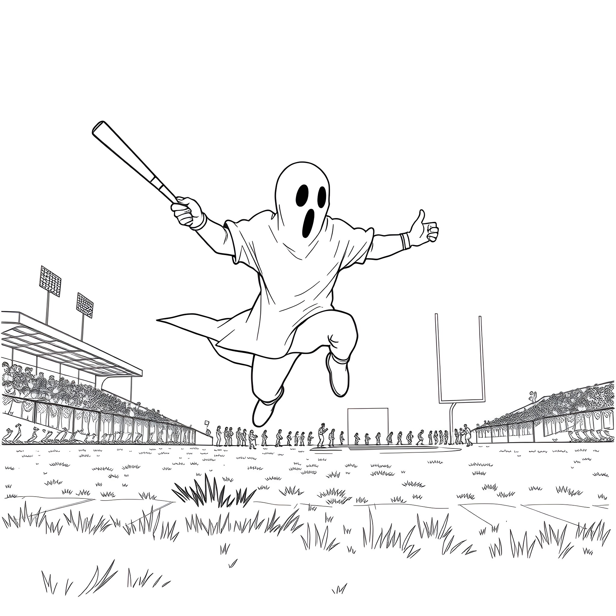 Ghostface cheering excitedly at the stadium Coloring Page (free black-and-white line drawing printable PDF for all, from beginners to advanced learners, including children, teens, adults, and seniors)