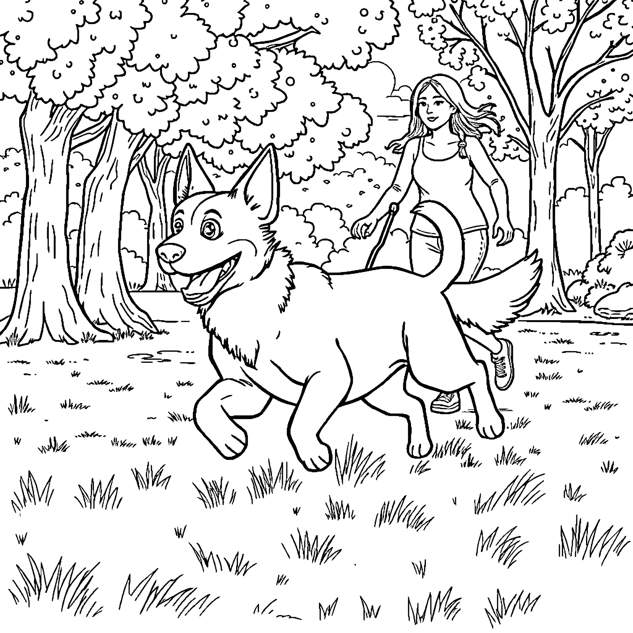 Dog playing happily with woman in the forest Coloring Page (free black-and-white line drawing printable PDF for all, from beginners to advanced learners, including children, teens, adults, and seniors)