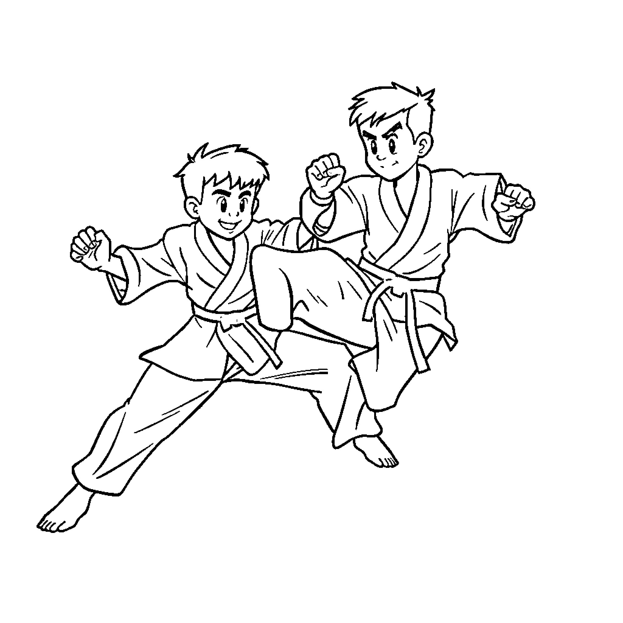 Karate students practicing martial arts moves Coloring Page (free black-and-white line drawing printable PDF for all, from beginners to advanced learners, including children, teens, adults, and seniors)