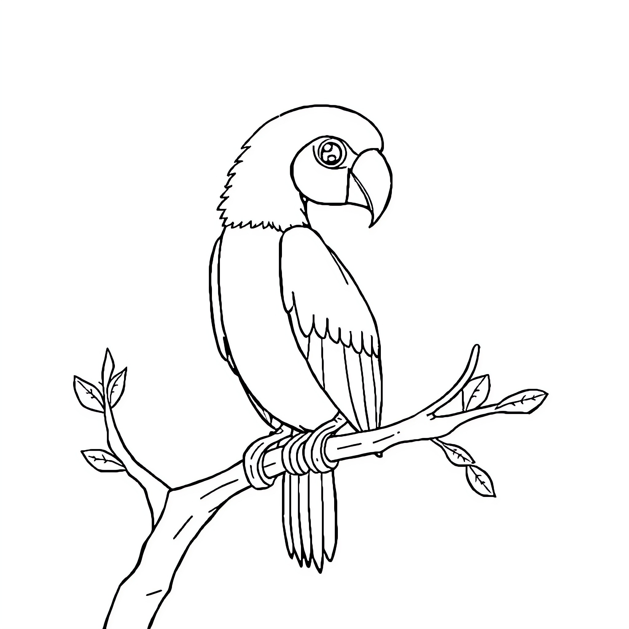 Animal Parrot perched on branch Coloring Page (free black-and-white line drawing printable PDF for all, from beginners to advanced learners, including children, teens, adults, and seniors)