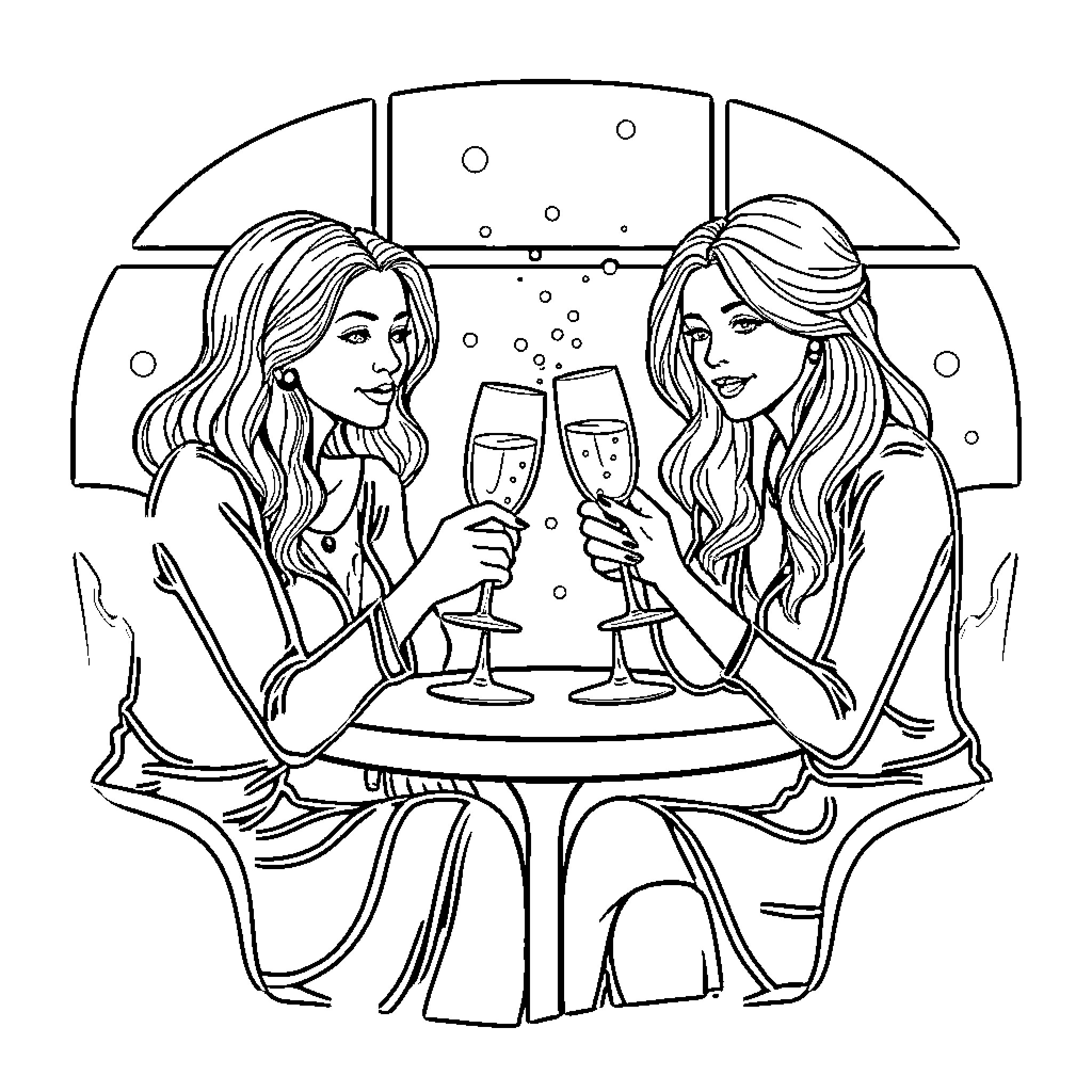Lady friends enjoying drinks together Coloring Page (free black-and-white line drawing printable PDF for all, from beginners to advanced learners, including children, teens, adults, and seniors)