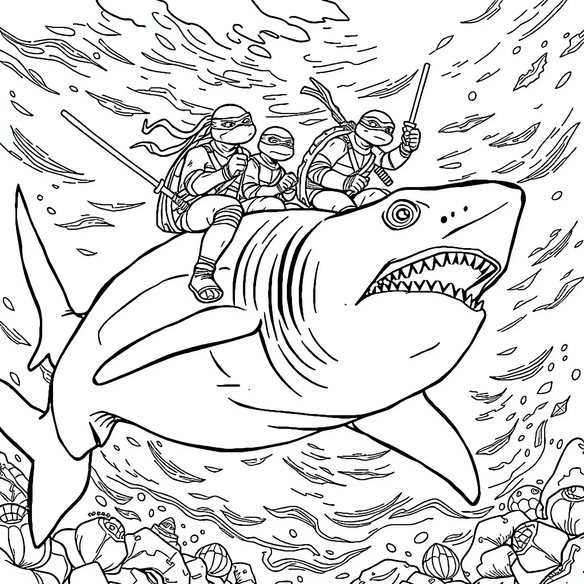 Ninja Turtles riding a giant shark in the ocean Coloring Page (free black-and-white line drawing printable PDF for all, from beginners to advanced learners, including children, teens, adults, and seniors)