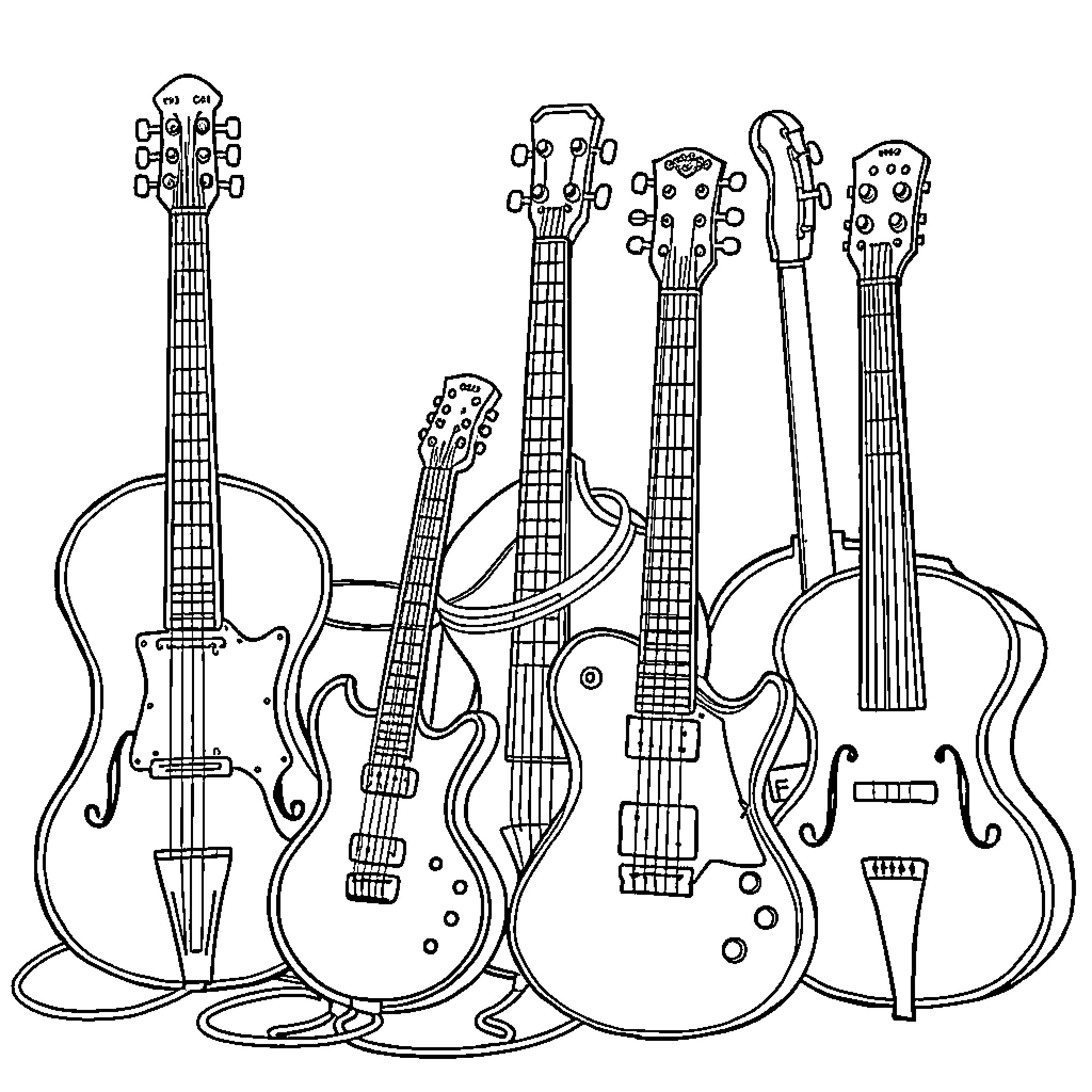 Musical Instrument Collection with Various Guitars Coloring Page (free black-and-white line drawing printable PDF for all, from beginners to advanced learners, including children, teens, adults, and seniors)