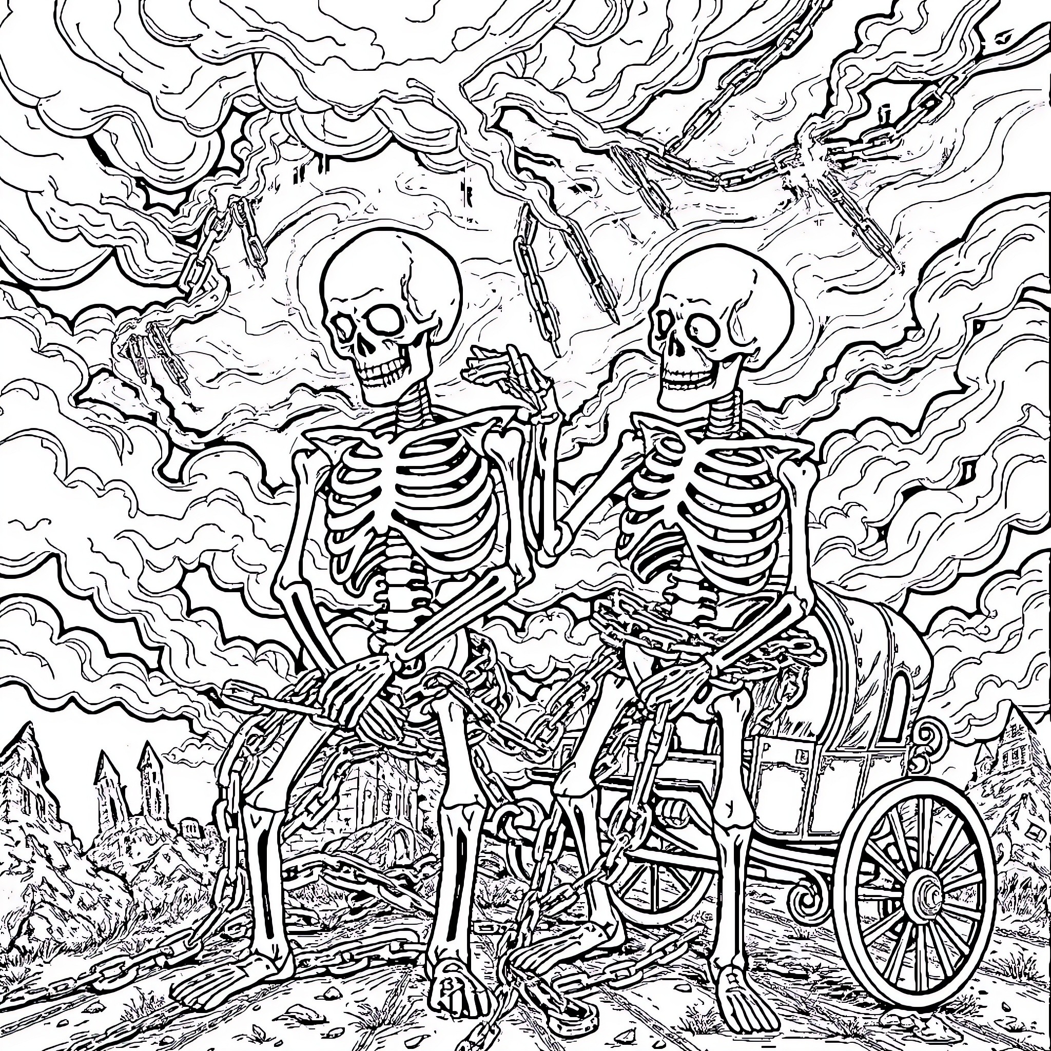 Skeleton friends riding a spooky wagon through a cloudy landscape Coloring Page (free black-and-white line drawing printable PDF for all, from beginners to advanced learners, including children, teens, adults, and seniors)