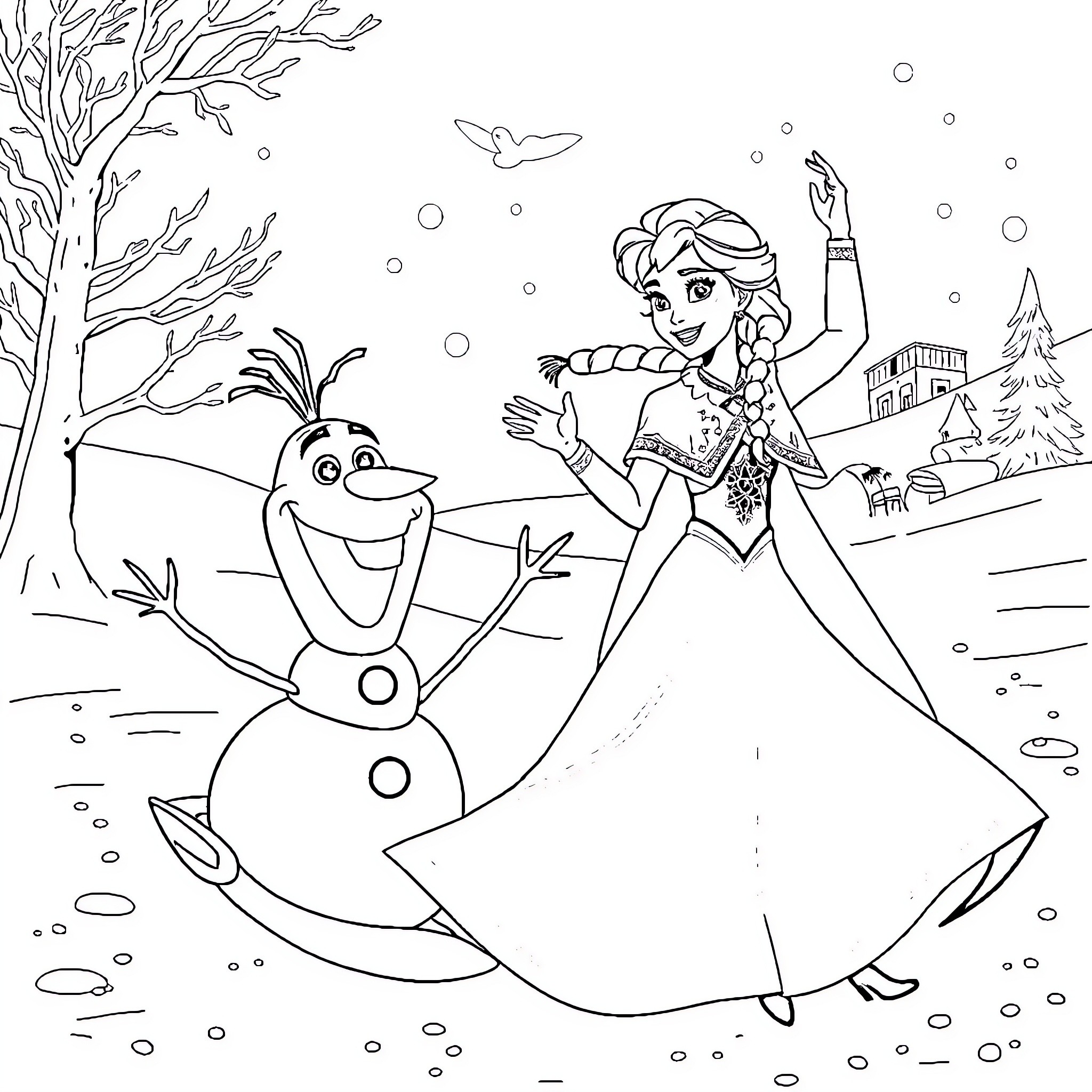 Anna and Olaf enjoying a winter wonderland Coloring Page (free black-and-white line drawing printable PDF for all, from beginners to advanced learners, including children, teens, adults, and seniors)