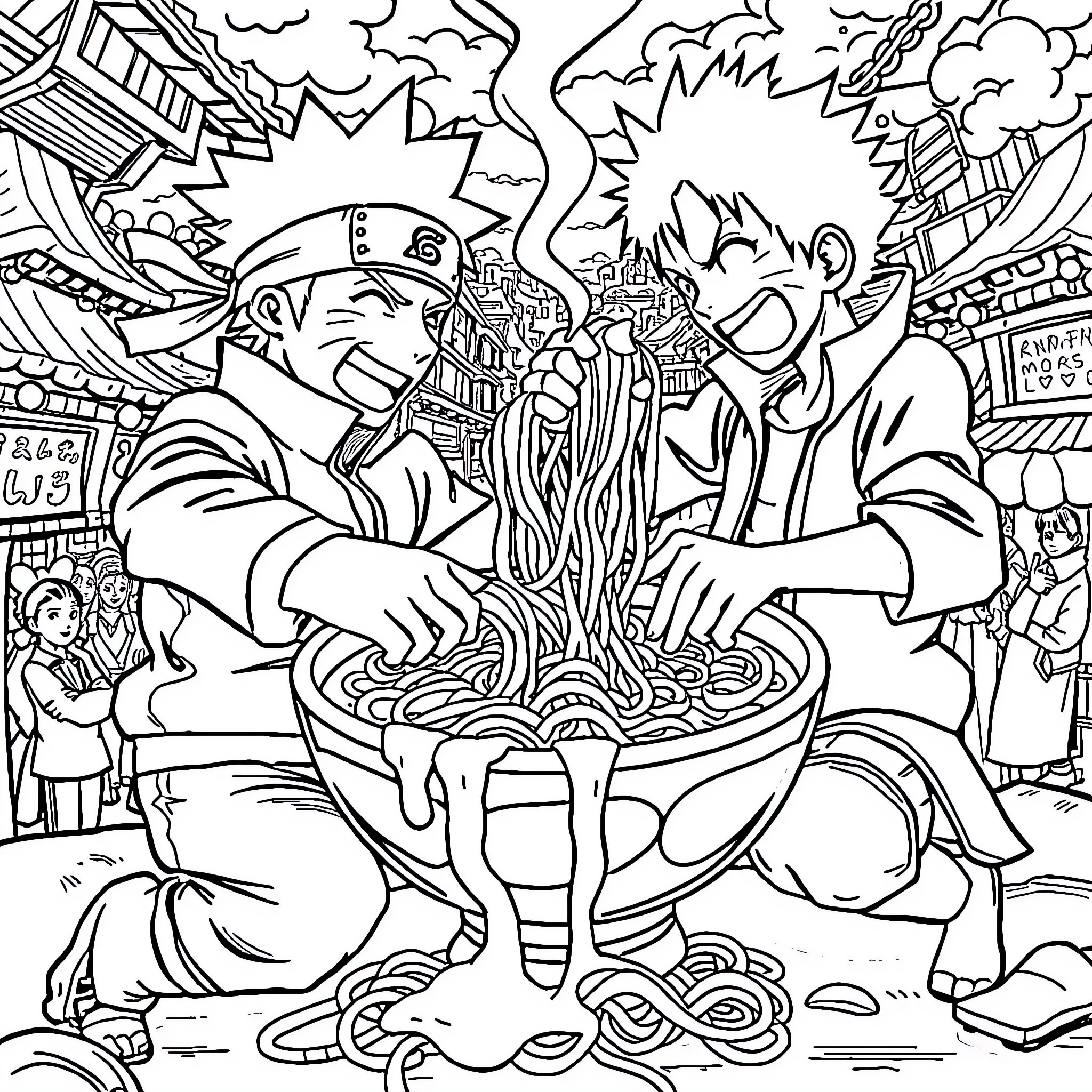 Naruto and Friends Enjoying a Ramen Feast Coloring Page (free black-and-white line drawing printable PDF for all, from beginners to advanced learners, including children, teens, adults, and seniors)