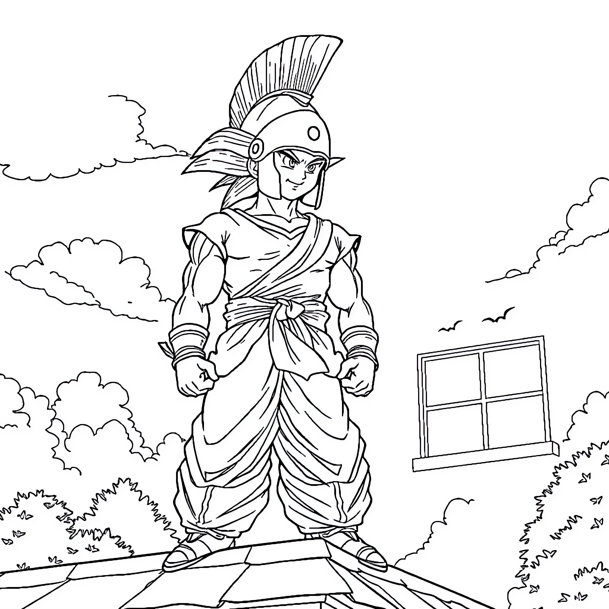 Son Goku standing heroically in a peaceful landscape Coloring Page (free black-and-white line drawing printable PDF for all, from beginners to advanced learners, including children, teens, adults, and seniors)