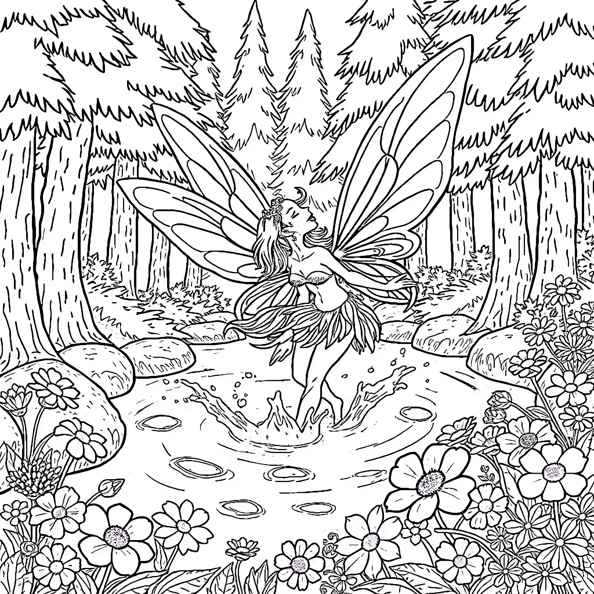 Fairy dancing gracefully in a magical forest Coloring Page (free black-and-white line drawing printable PDF for all, from beginners to advanced learners, including children, teens, adults, and seniors)