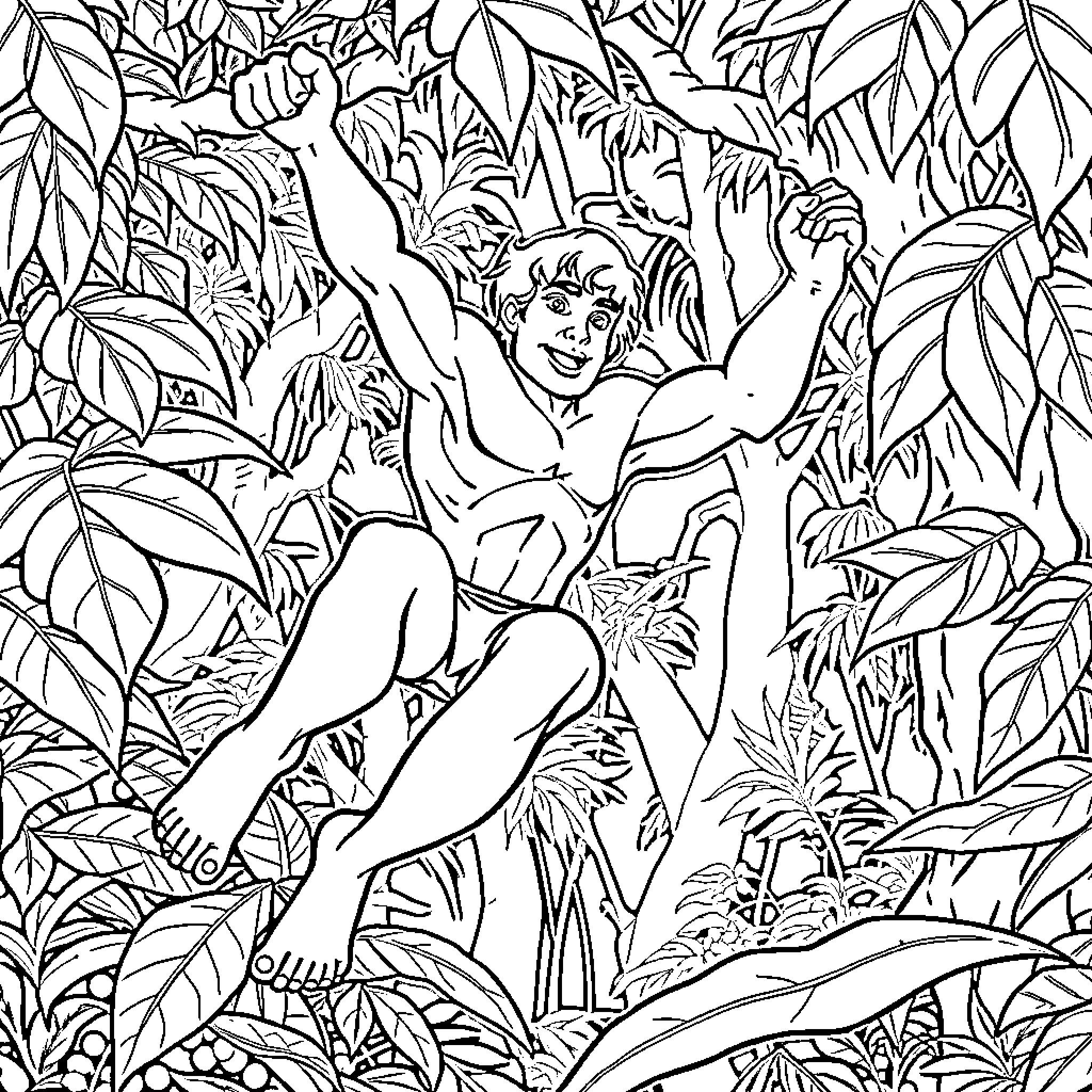 Tarzan swinging through the lush jungle foliage Coloring Page (free black-and-white line drawing printable PDF for all, from beginners to advanced learners, including children, teens, adults, and seniors)