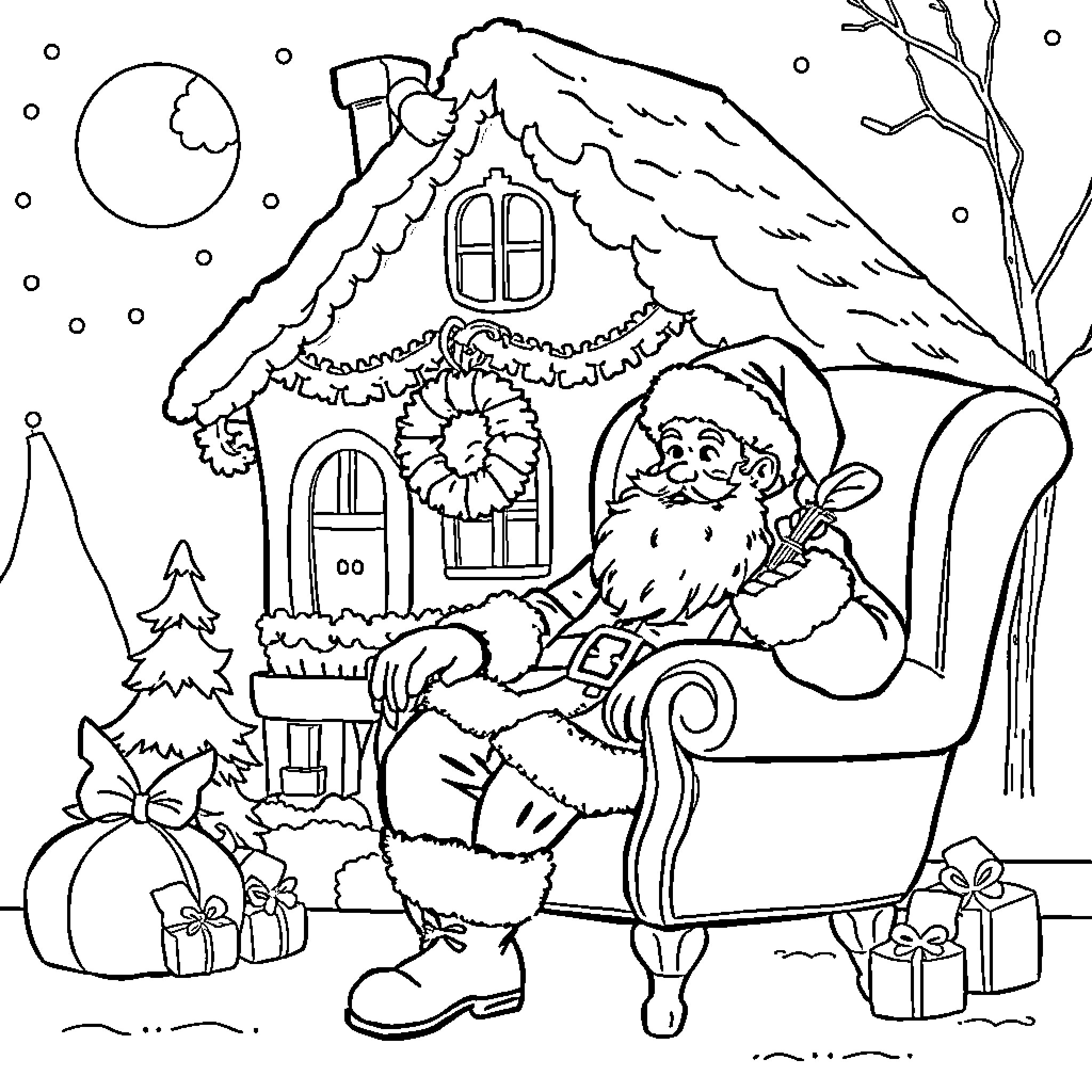 Père Noël delivering presents in a snowy landscape Coloring Page (free black-and-white line drawing printable PDF for all, from beginners to advanced learners, including children, teens, adults, and seniors)