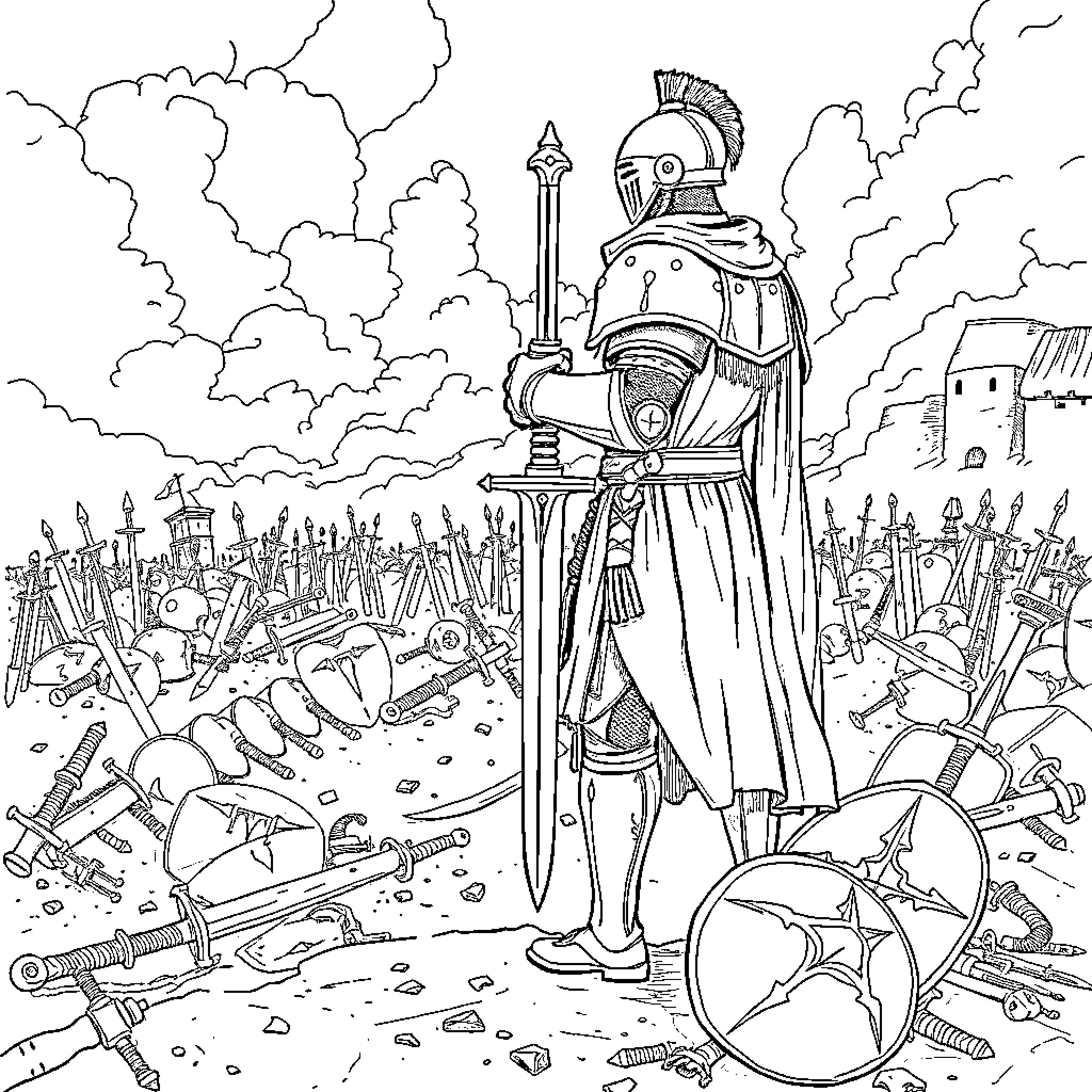 Knight leading a battle charge on the battlefield Coloring Page (free black-and-white line drawing printable PDF for all, from beginners to advanced learners, including children, teens, adults, and seniors)