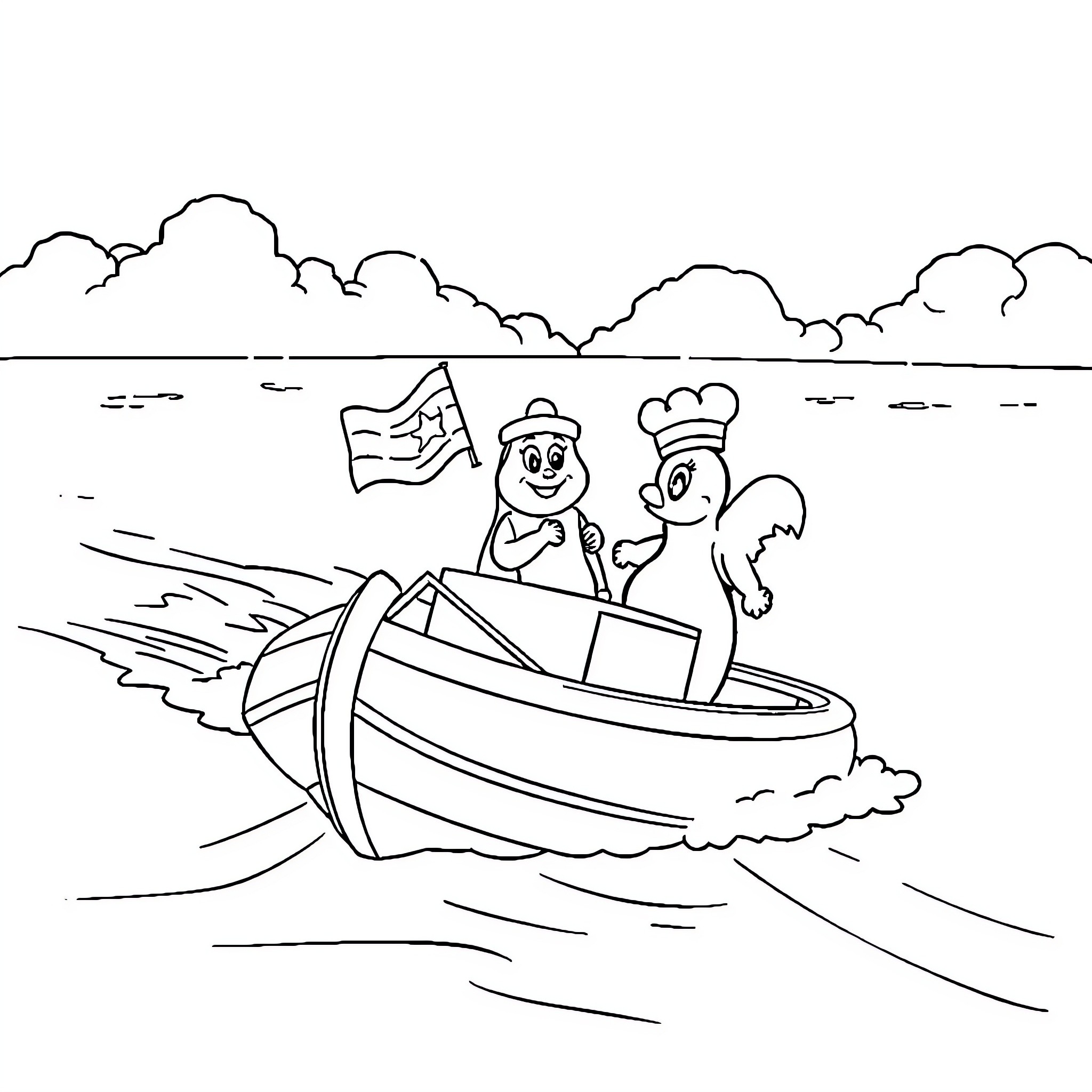 Paw Patrol characters in a boat on the water Coloring Page (free black-and-white line drawing printable PDF for all, from beginners to advanced learners, including children, teens, adults, and seniors)