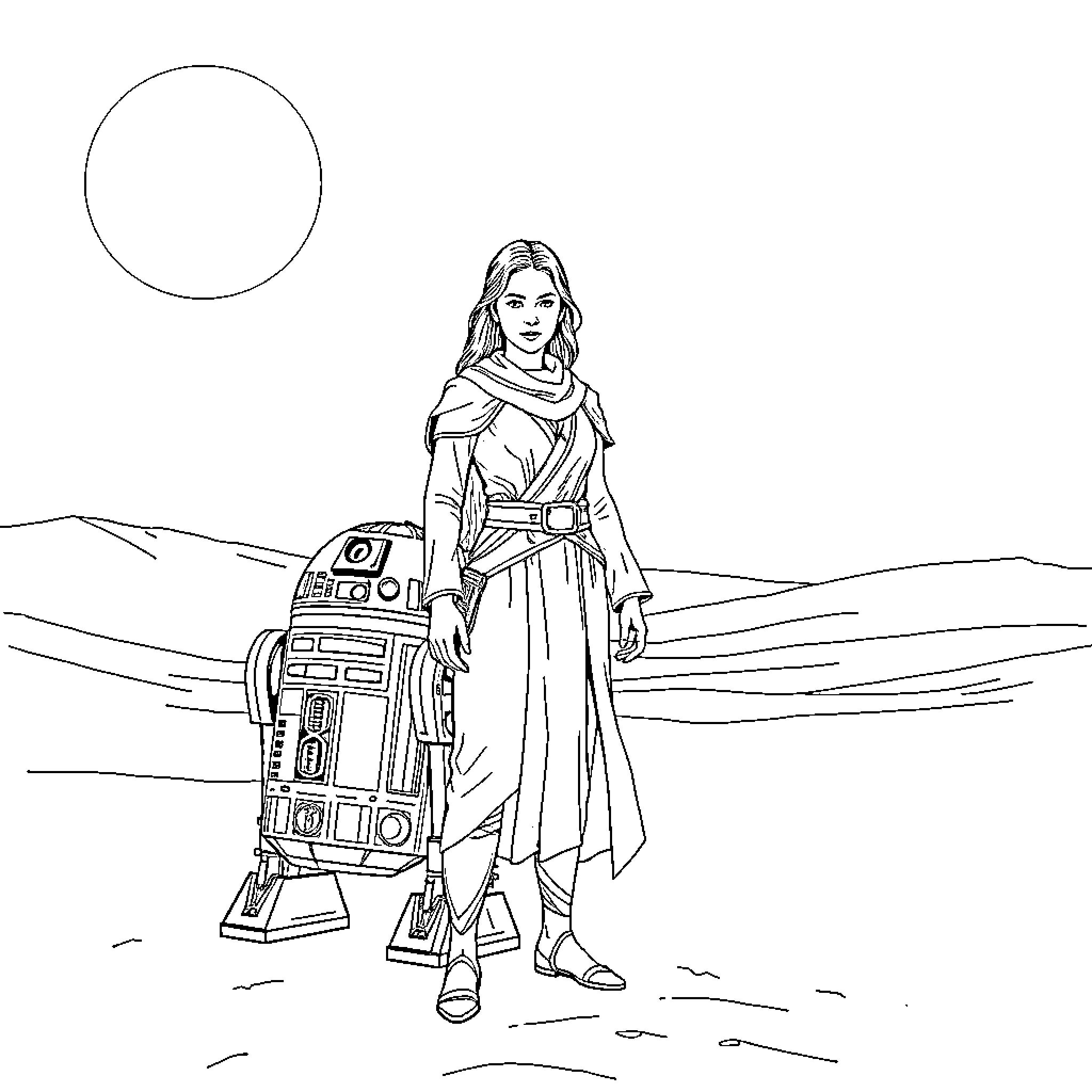 Jedi with Trusty Droid Companion on Desert Planet Coloring Page (free black-and-white line drawing printable PDF for all, from beginners to advanced learners, including children, teens, adults, and seniors)