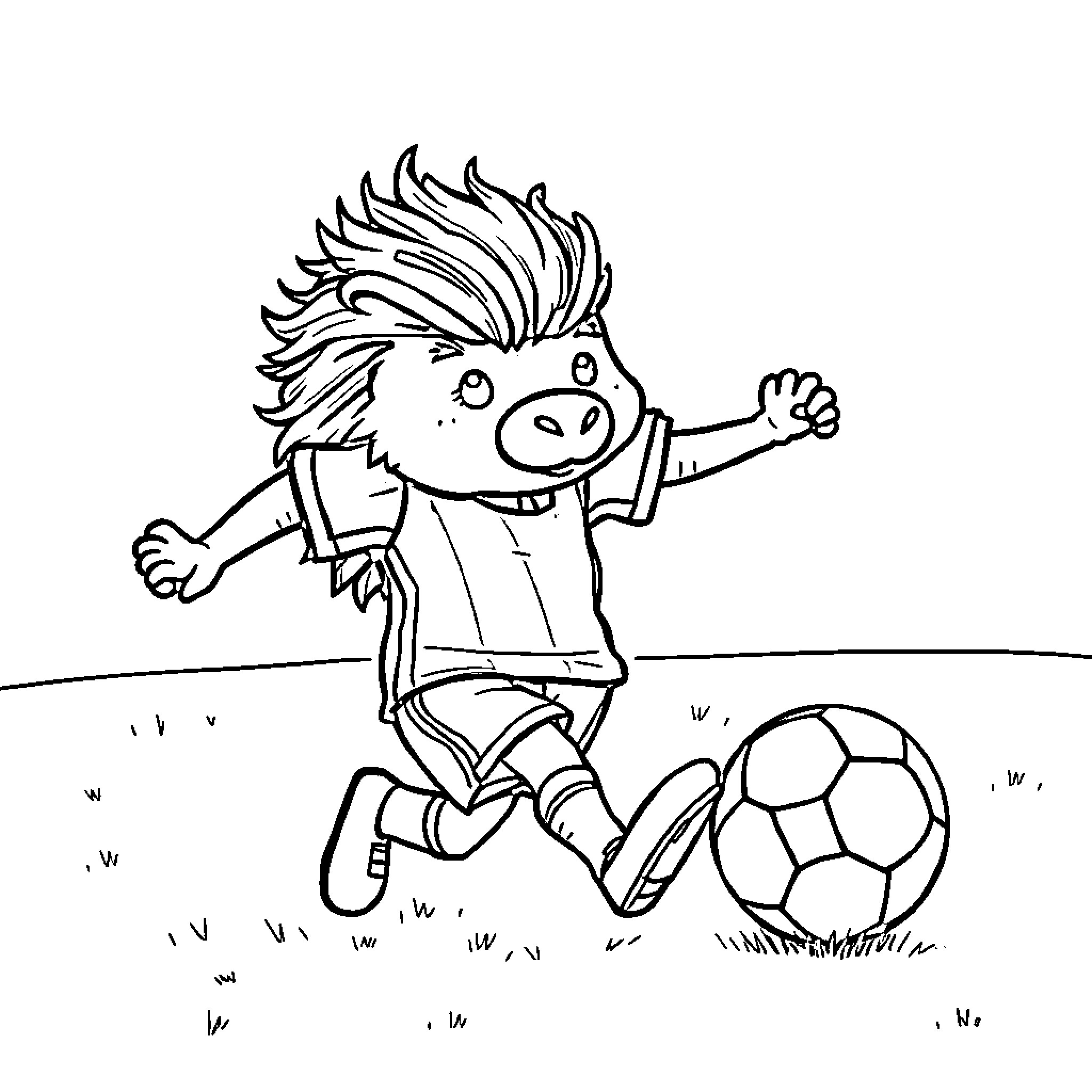 Haggis character playing with soccer ball on field Coloring Page (free black-and-white line drawing printable PDF for all, from beginners to advanced learners, including children, teens, adults, and seniors)