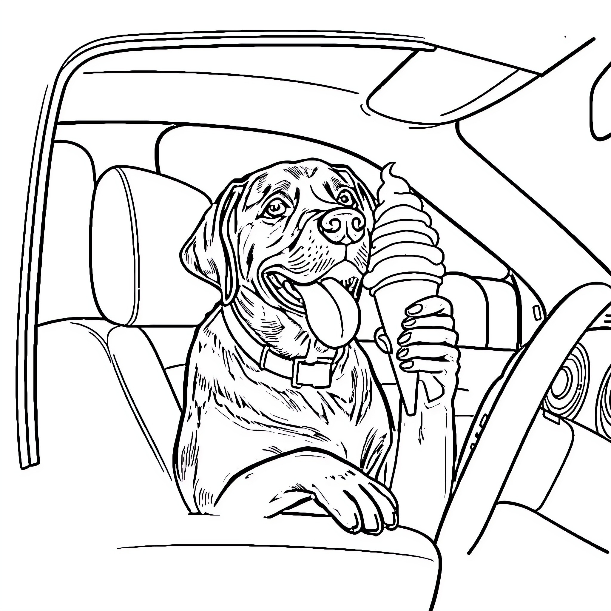 Dog riding happily in car with ice cream cone Coloring Page (free black-and-white line drawing printable PDF for all, from beginners to advanced learners, including children, teens, adults, and seniors)