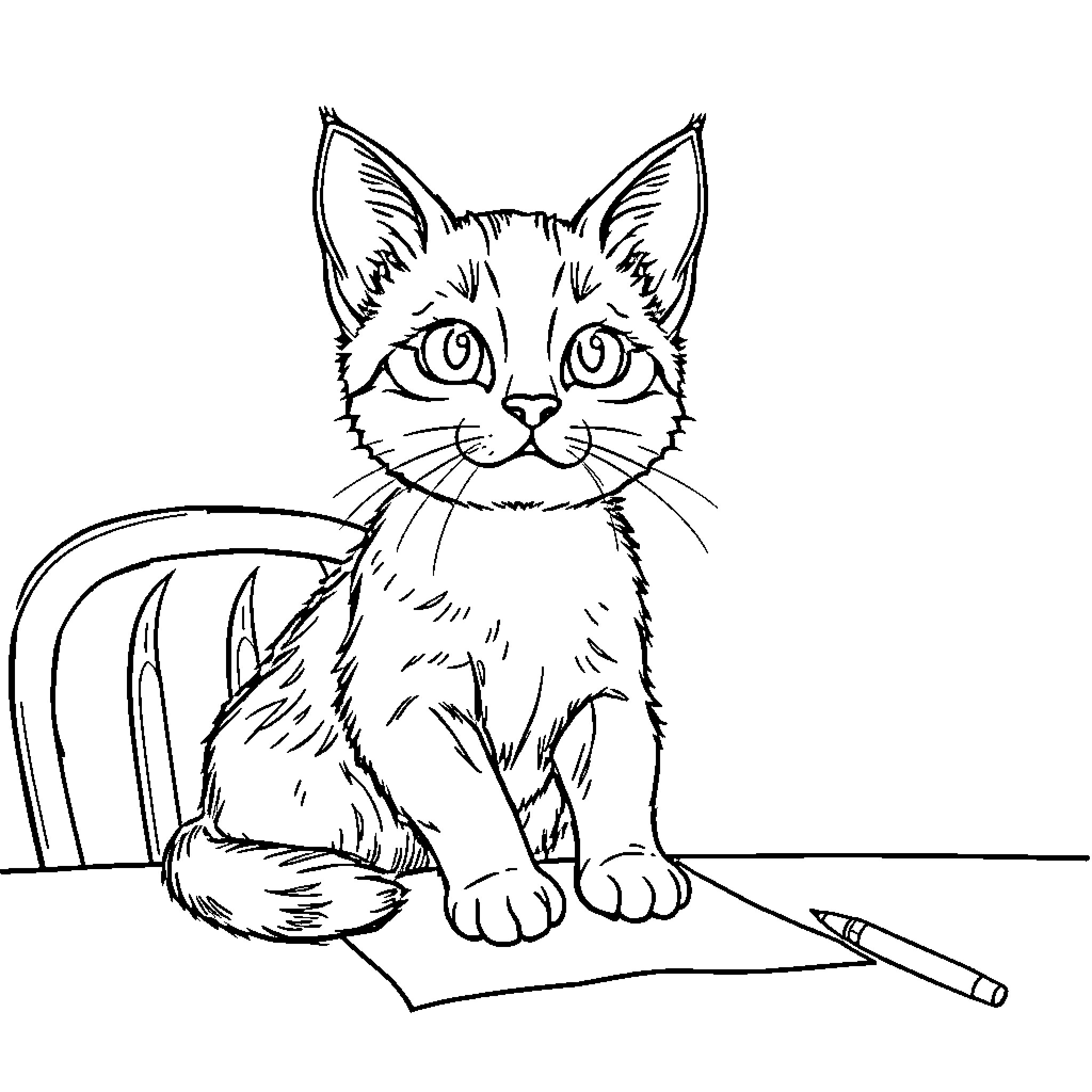 Cat drawing on paper with pencil Coloring Page (free black-and-white line drawing printable PDF for all, from beginners to advanced learners, including children, teens, adults, and seniors)