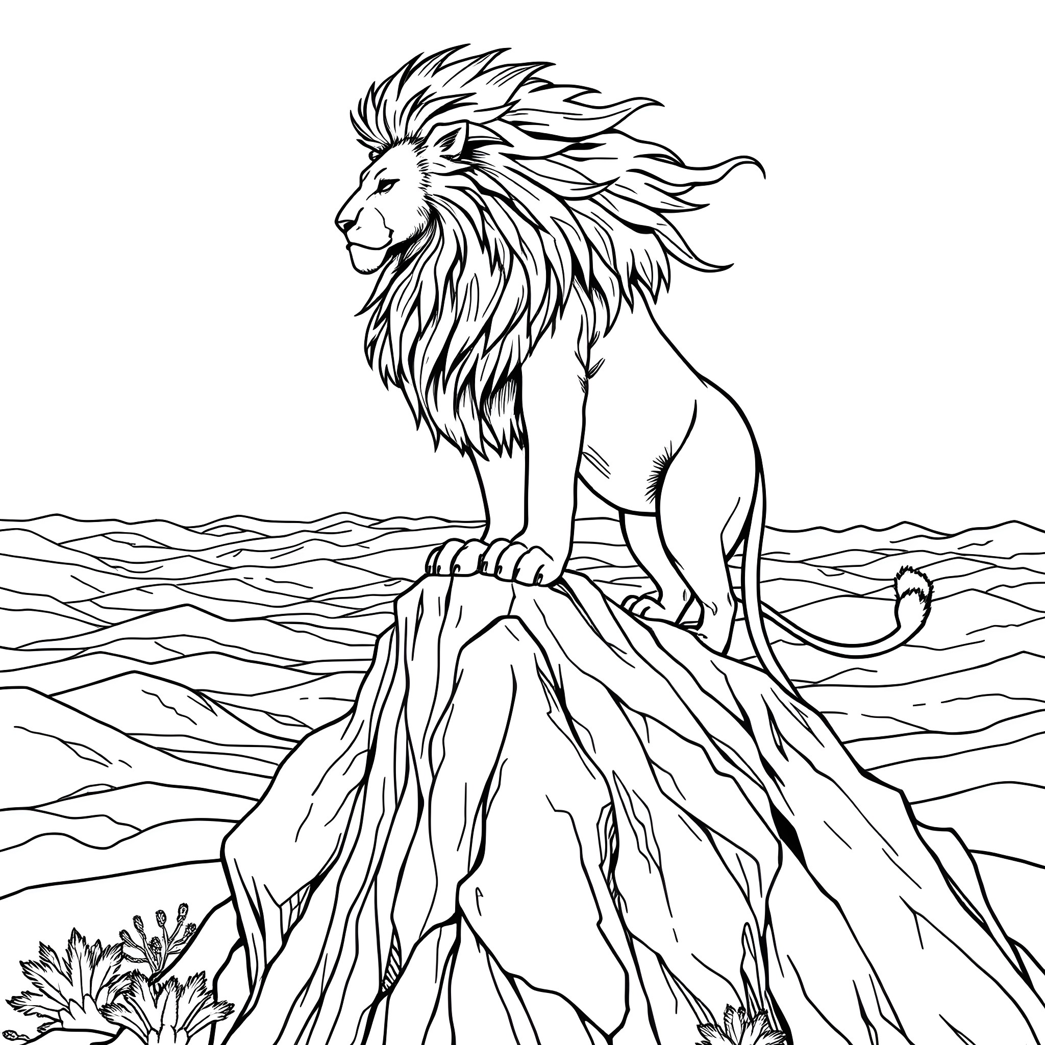 Lion standing proudly on a cliff Coloring Page (free black-and-white line drawing printable PDF for all, from beginners to advanced learners, including children, teens, adults, and seniors)