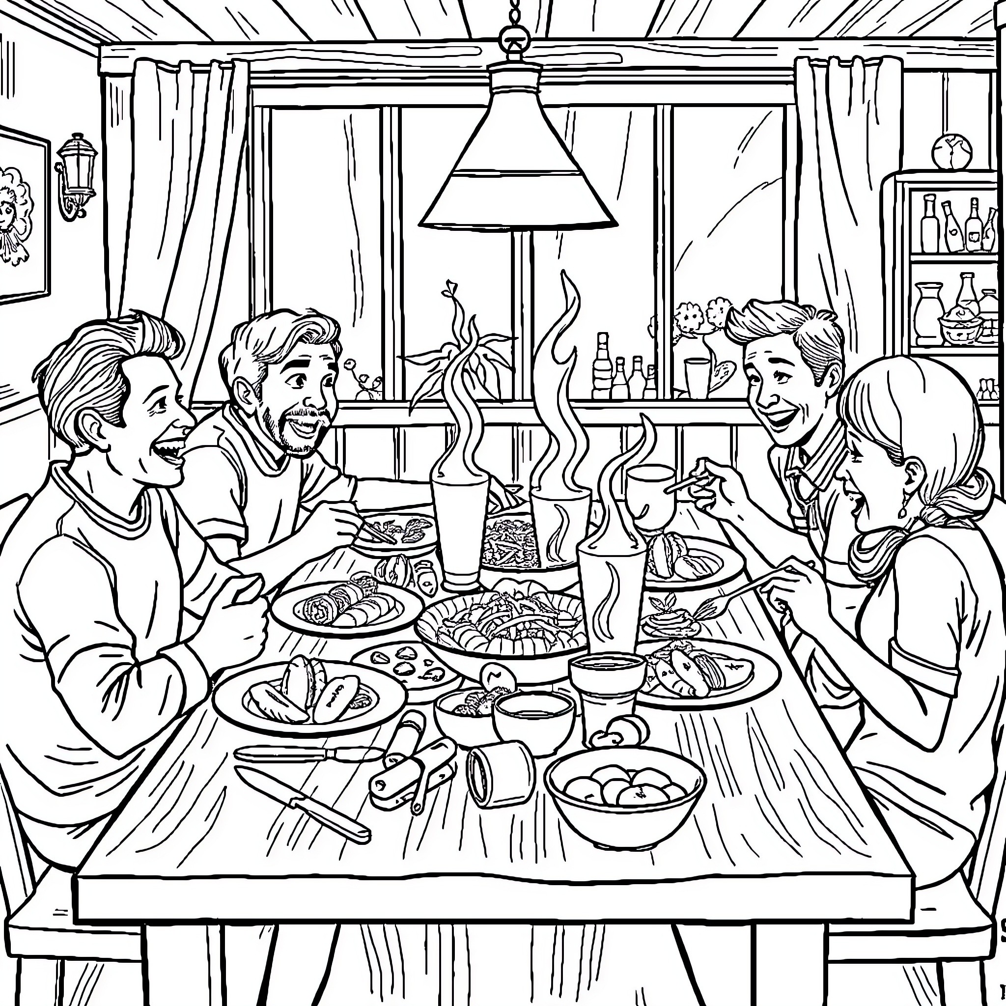 Hobby Family Gathering Around Dinner Table Coloring Page (free black-and-white line drawing printable PDF for all, from beginners to advanced learners, including children, teens, adults, and seniors)