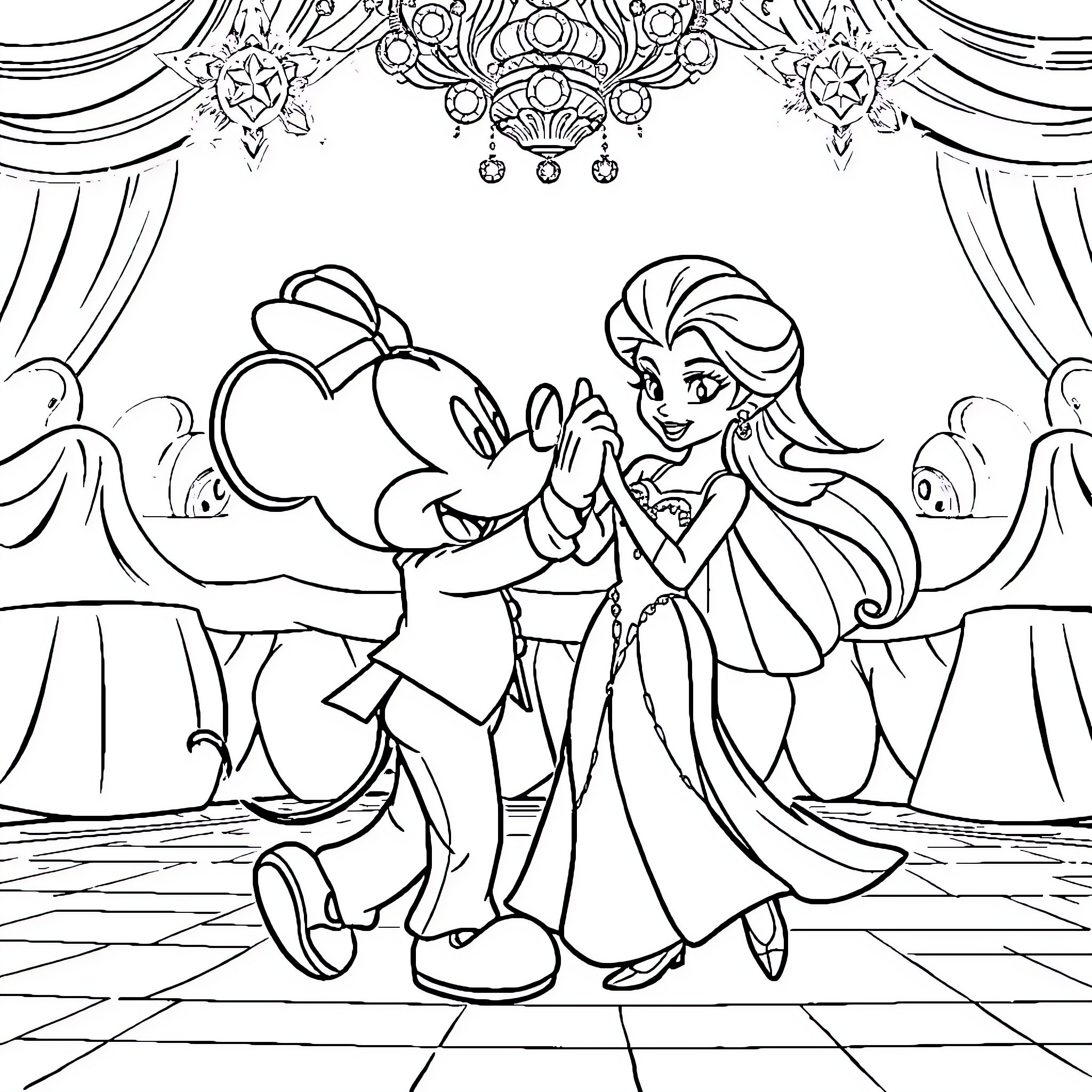 Minnie Mouse and Mickey Mouse dancing happily on stage Coloring Page (free black-and-white line drawing printable PDF for all, from beginners to advanced learners, including children, teens, adults, and seniors)
