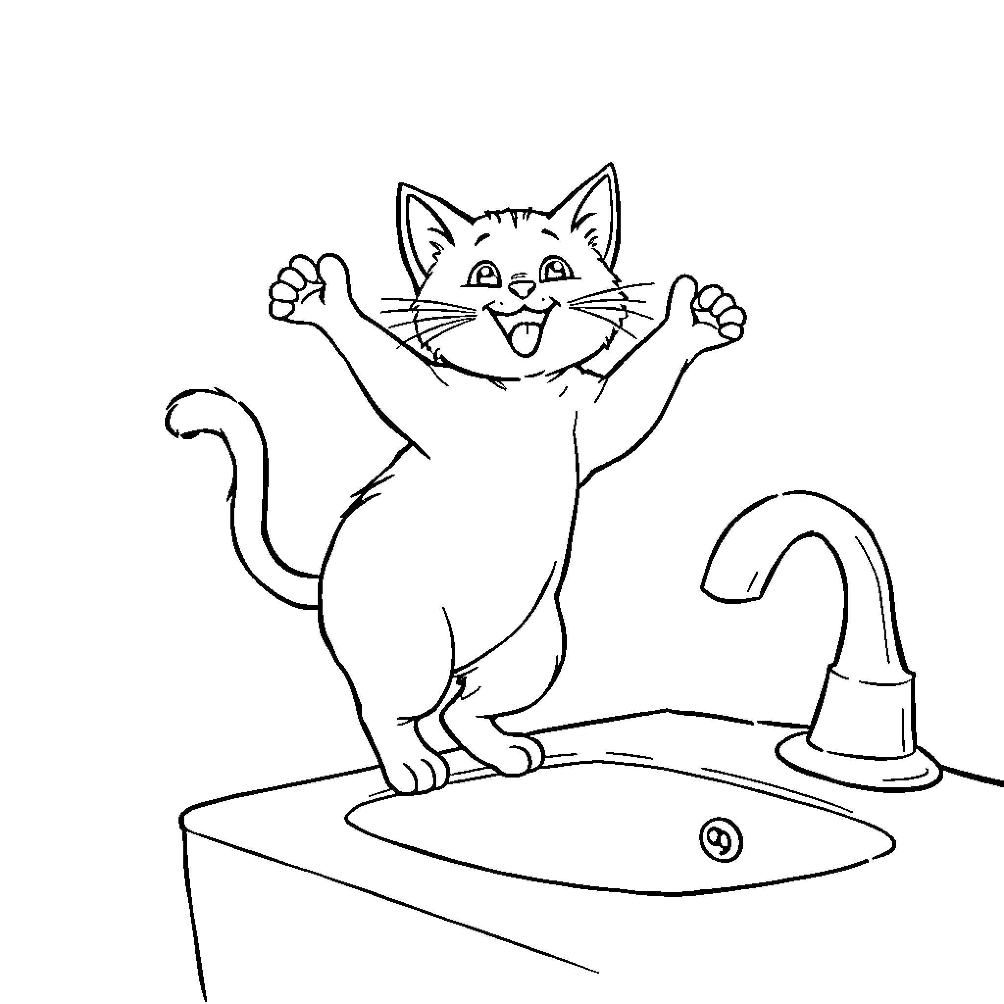 Cat playing excitedly near a sink Coloring Page (free black-and-white line drawing printable PDF for all, from beginners to advanced learners, including children, teens, adults, and seniors)