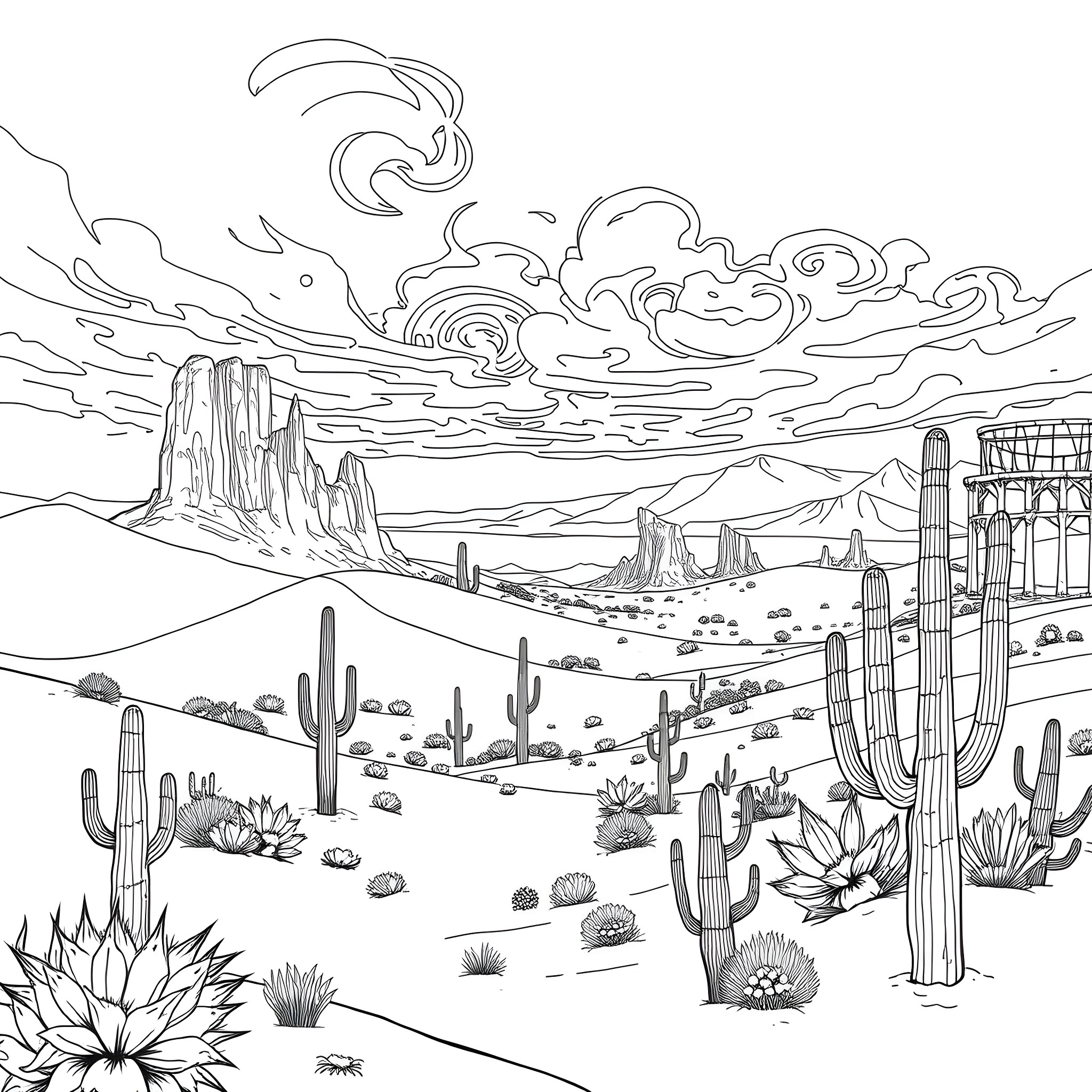 Desert landscape with towering rock formations and cacti Coloring Page (free black-and-white line drawing printable PDF for all, from beginners to advanced learners, including children, teens, adults, and seniors)