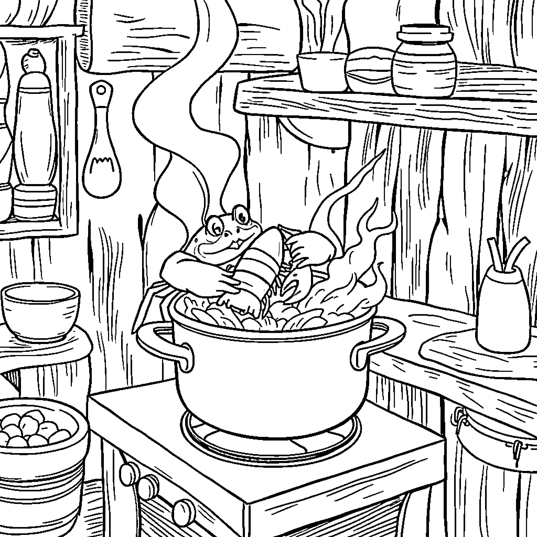 Crab cooking a meal in a cozy kitchen Coloring Page (free black-and-white line drawing printable PDF for all, from beginners to advanced learners, including children, teens, adults, and seniors)