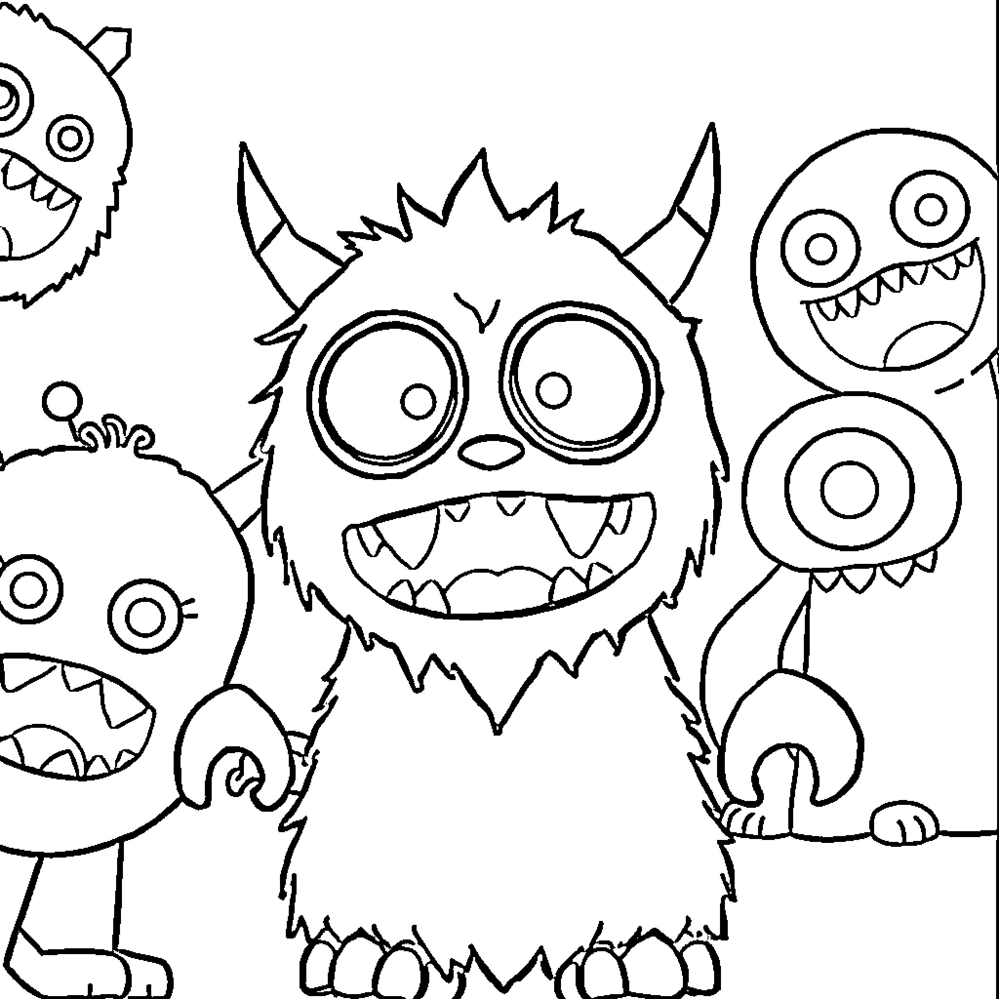 Monster and Whimsical Creatures in Black and White Coloring Page (free black-and-white line drawing printable PDF for all, from beginners to advanced learners, including children, teens, adults, and seniors)