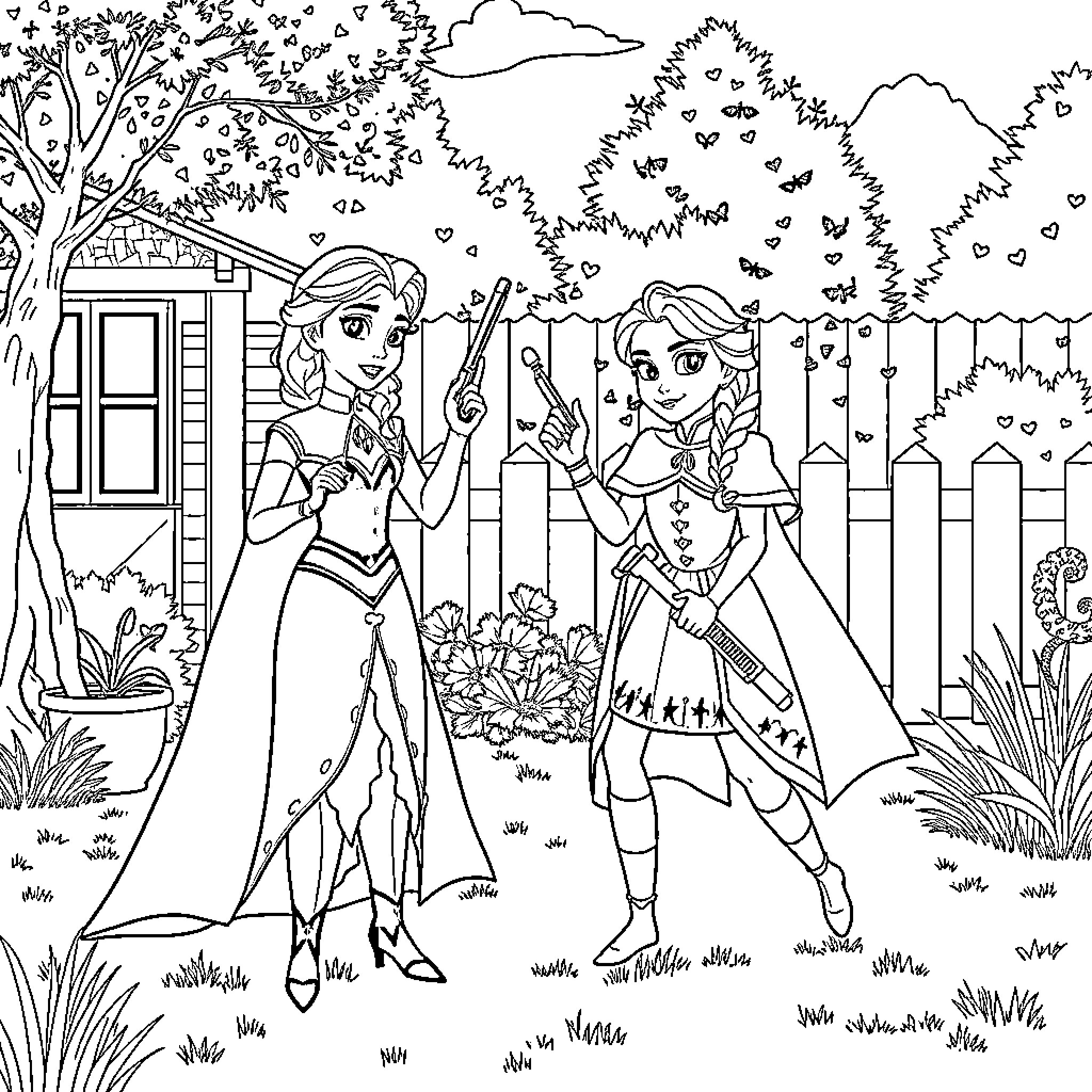 Elsa and Anna's Enchanting Garden Adventure Coloring Page (free black-and-white line drawing printable PDF for all, from beginners to advanced learners, including children, teens, adults, and seniors)