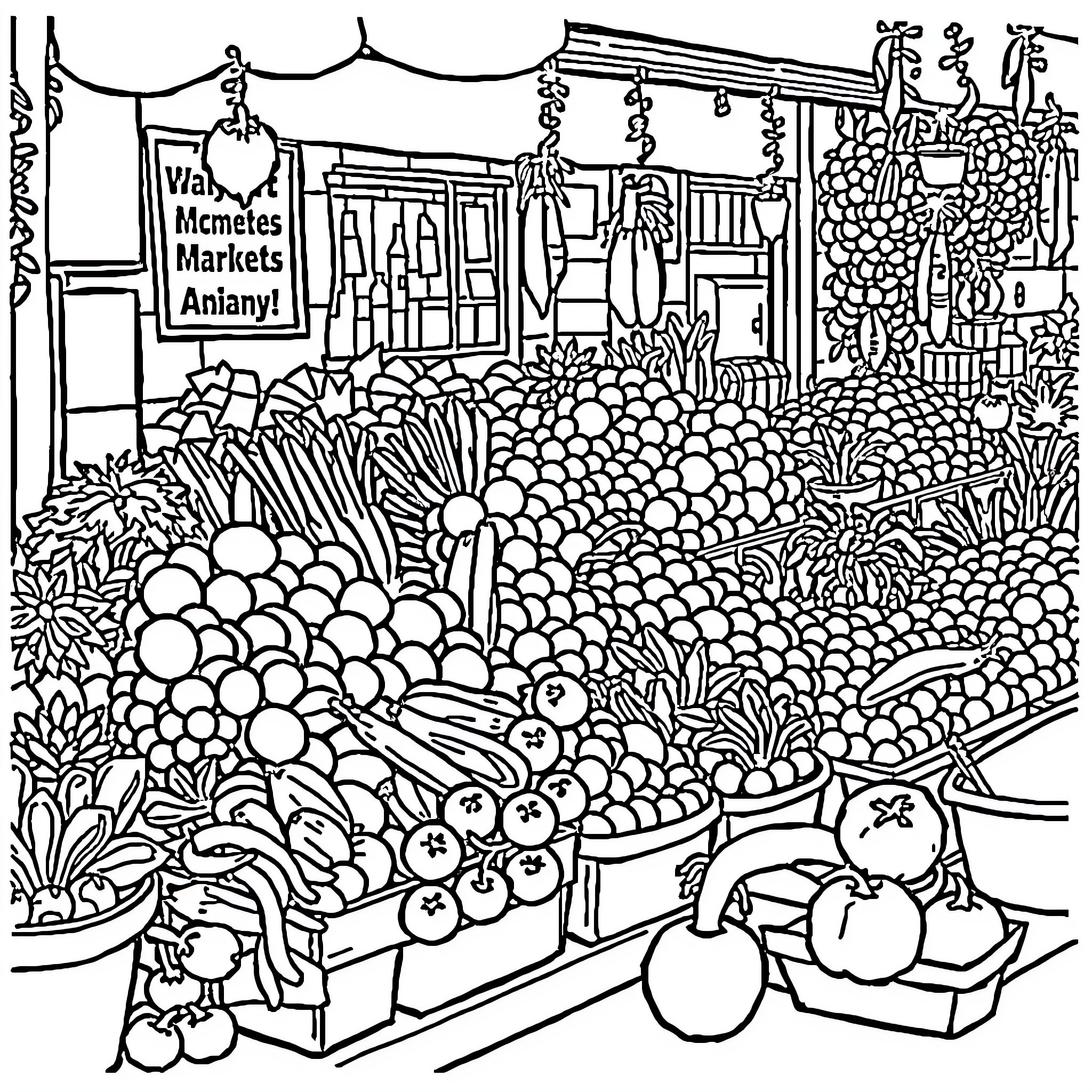 Fruit and Vegetable Market Scene Coloring Page (free black-and-white line drawing printable PDF for all, from beginners to advanced learners, including children, teens, adults, and seniors)