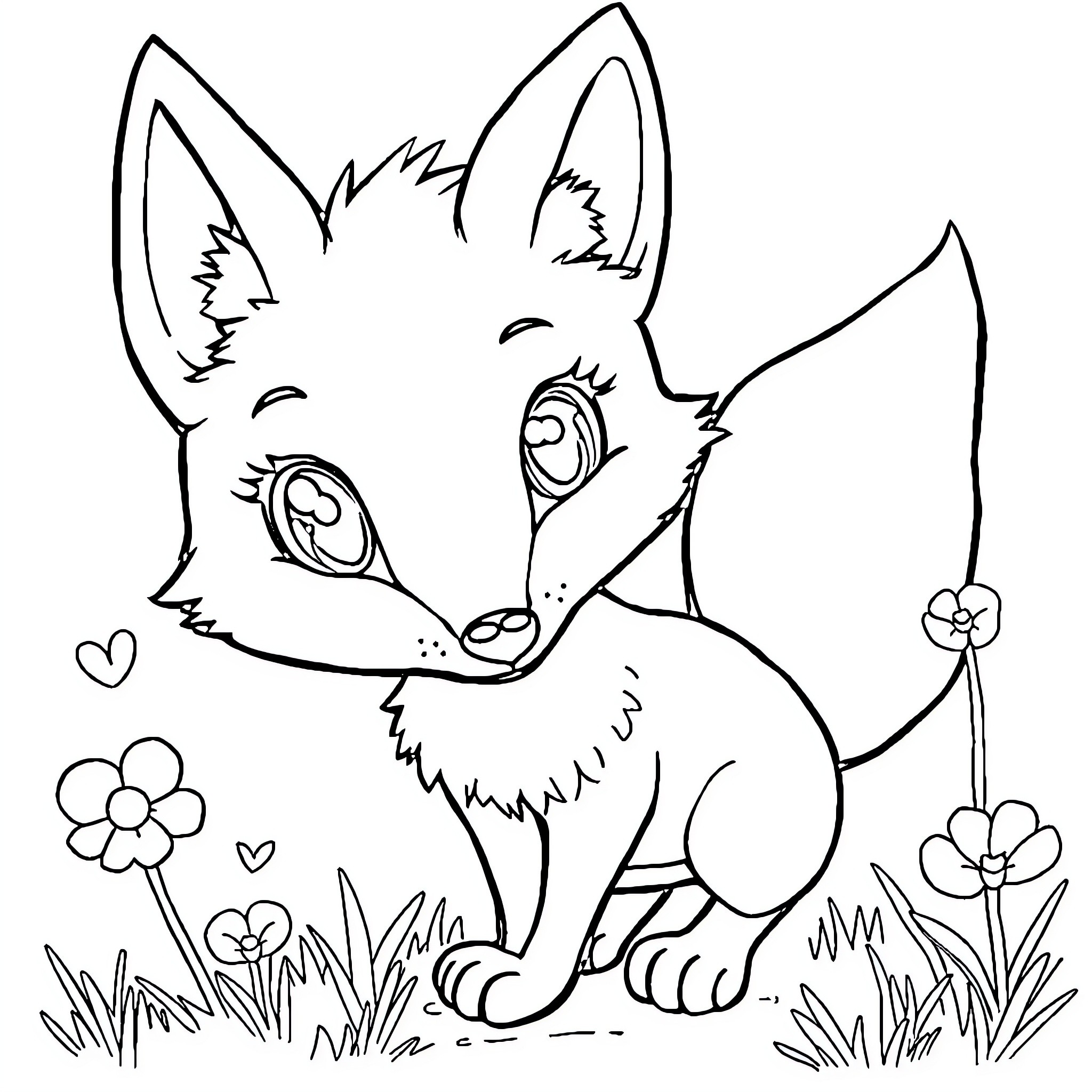 Milou the Playful Fox in the Meadow Coloring Page (free black-and-white line drawing printable PDF for all, from beginners to advanced learners, including children, teens, adults, and seniors)