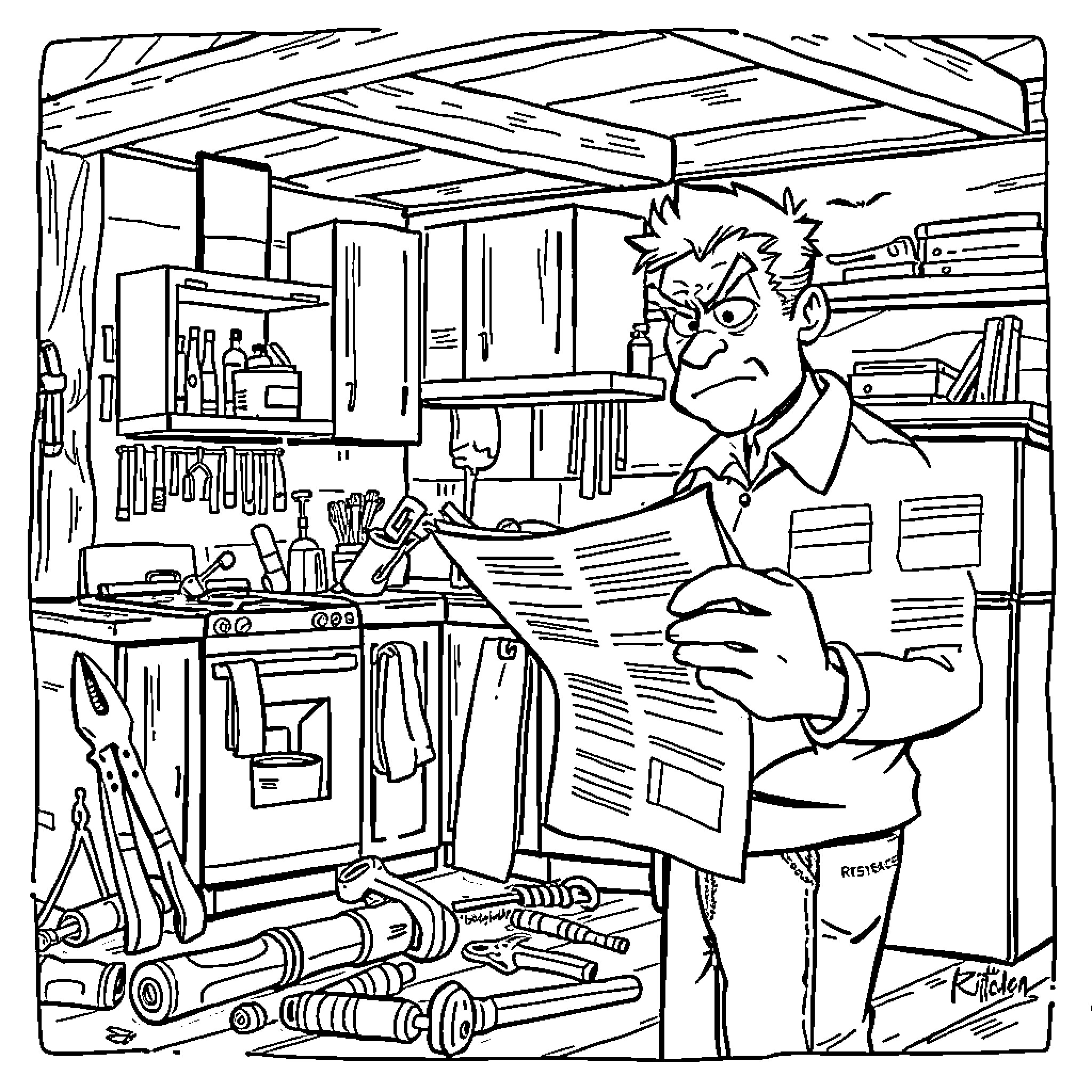 Man reading newspaper in messy home workshop Coloring Page (free black-and-white line drawing printable PDF for all, from beginners to advanced learners, including children, teens, adults, and seniors)