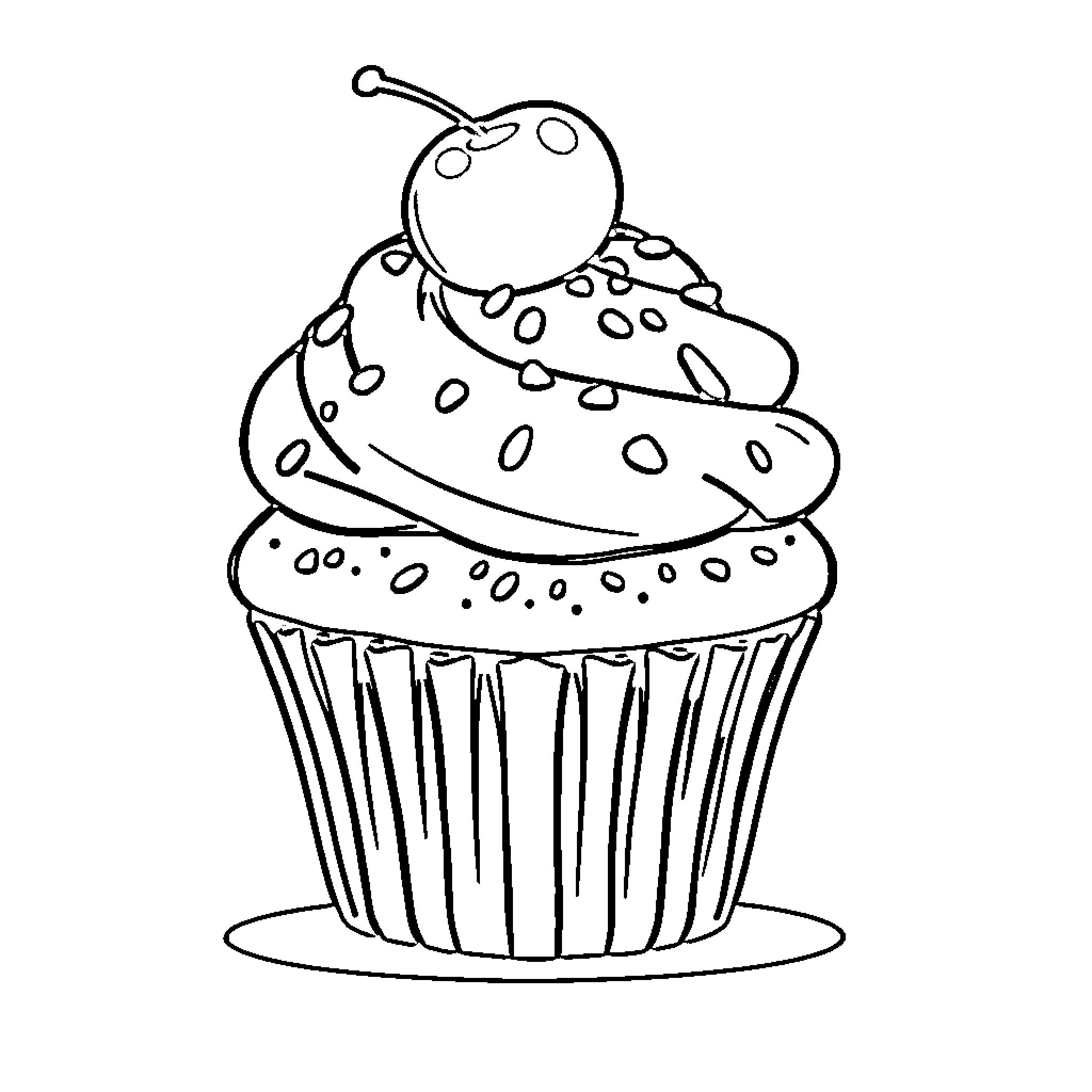 Cupcake with a quirky cherry on top Coloring Page (free black-and-white line drawing printable PDF for all, from beginners to advanced learners, including children, teens, adults, and seniors)
