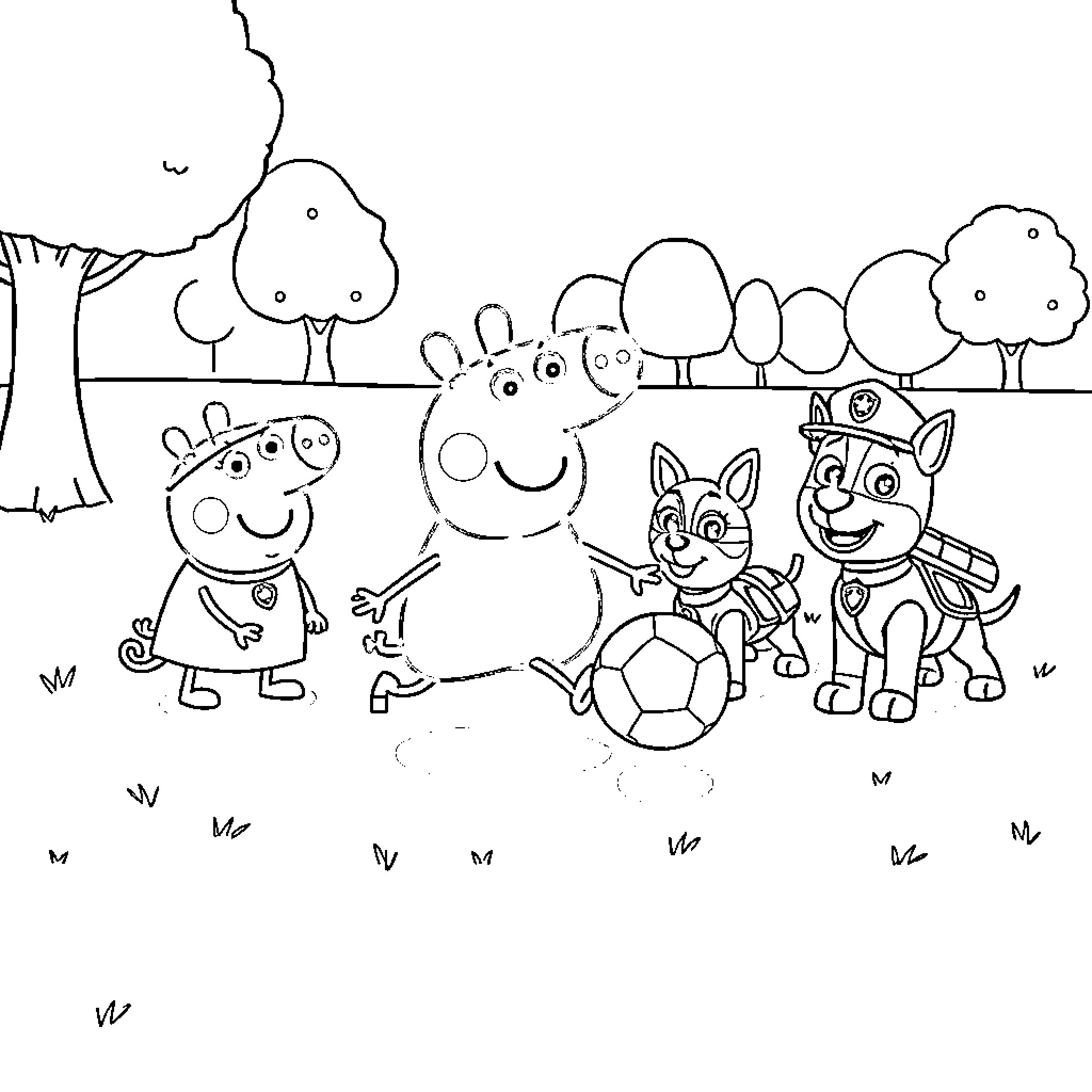 Peppa Pig and friends playing soccer together outdoors Coloring Page (free black-and-white line drawing printable PDF for all, from beginners to advanced learners, including children, teens, adults, and seniors)