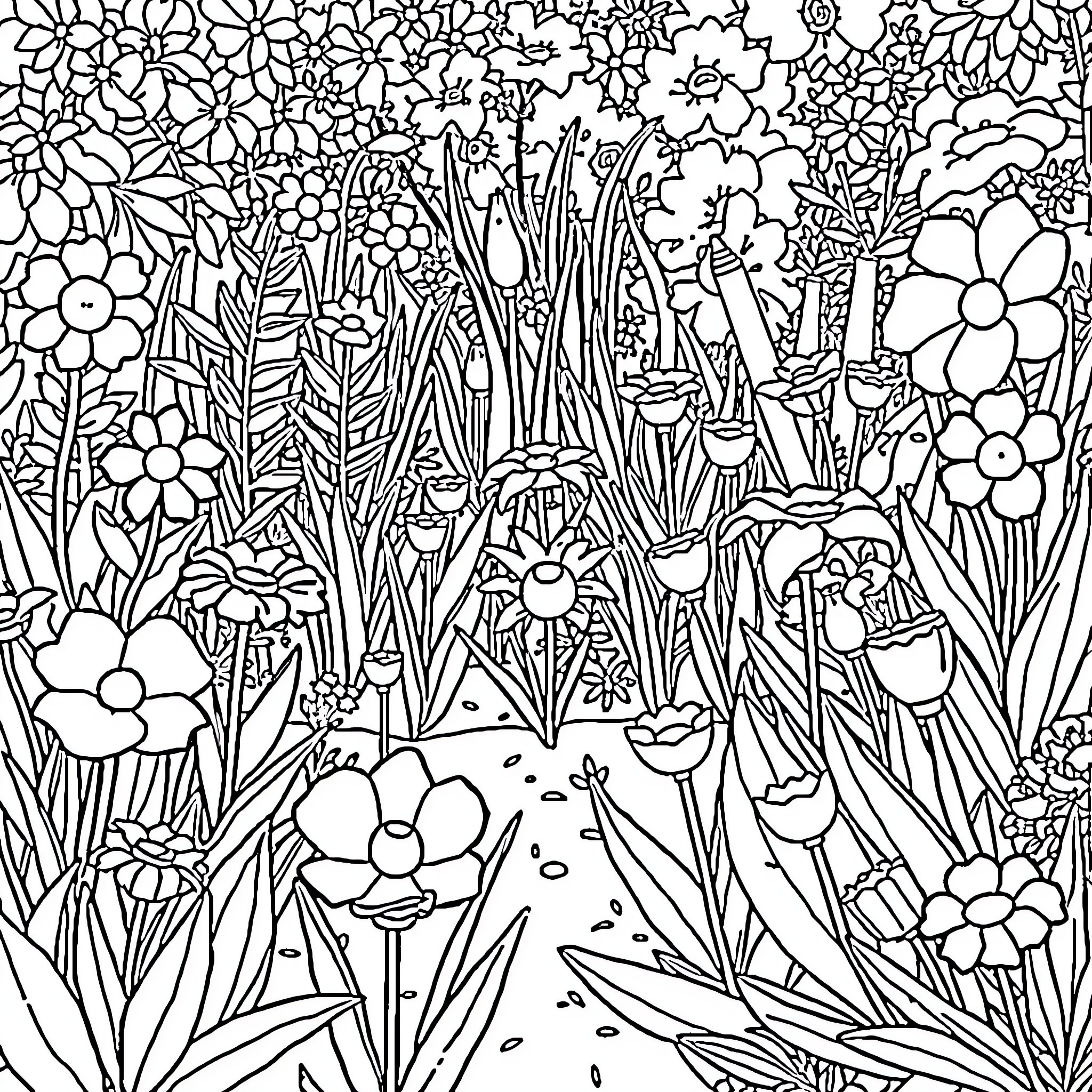Garden filled with vibrant floral patterns Coloring Page (free black-and-white line drawing printable PDF for all, from beginners to advanced learners, including children, teens, adults, and seniors)