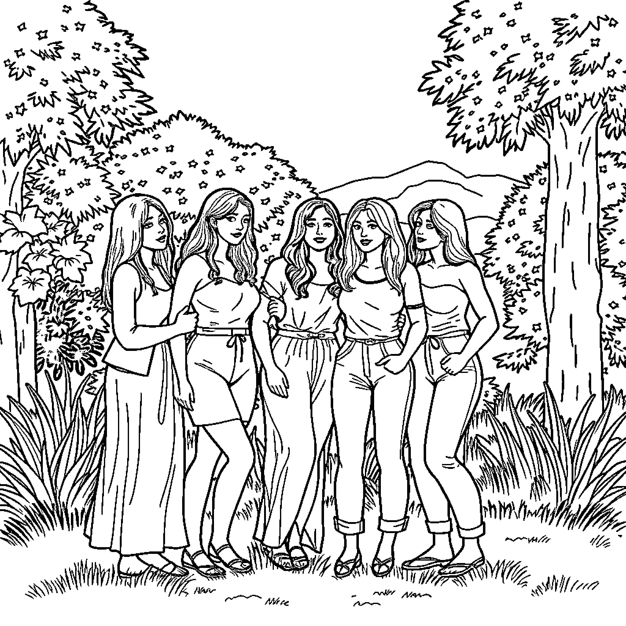 Women enjoying a peaceful moment in nature Coloring Page (free black-and-white line drawing printable PDF for all, from beginners to advanced learners, including children, teens, adults, and seniors)
