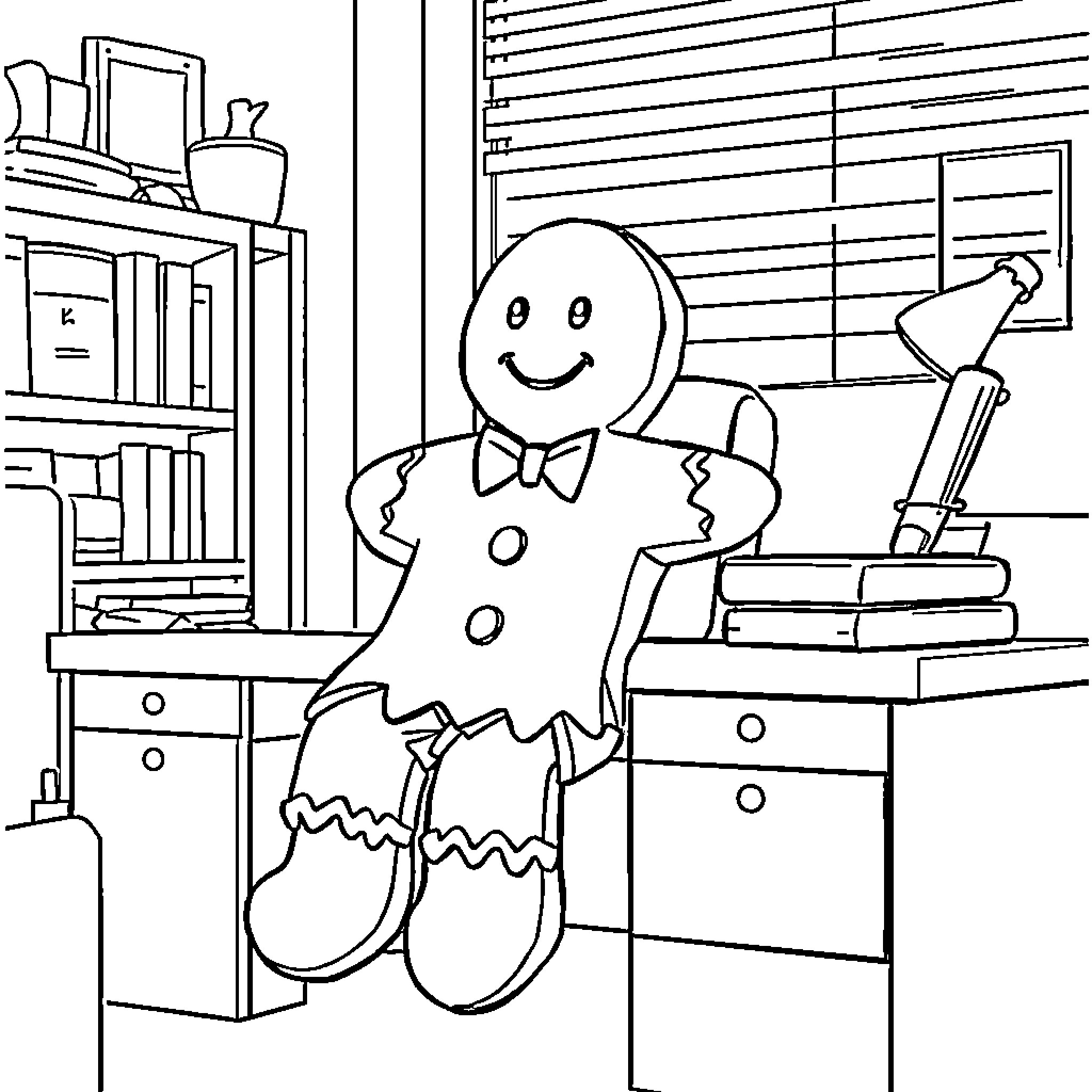 Gingerbread figure exploring a cozy home setting Coloring Page (free black-and-white line drawing printable PDF for all, from beginners to advanced learners, including children, teens, adults, and seniors)
