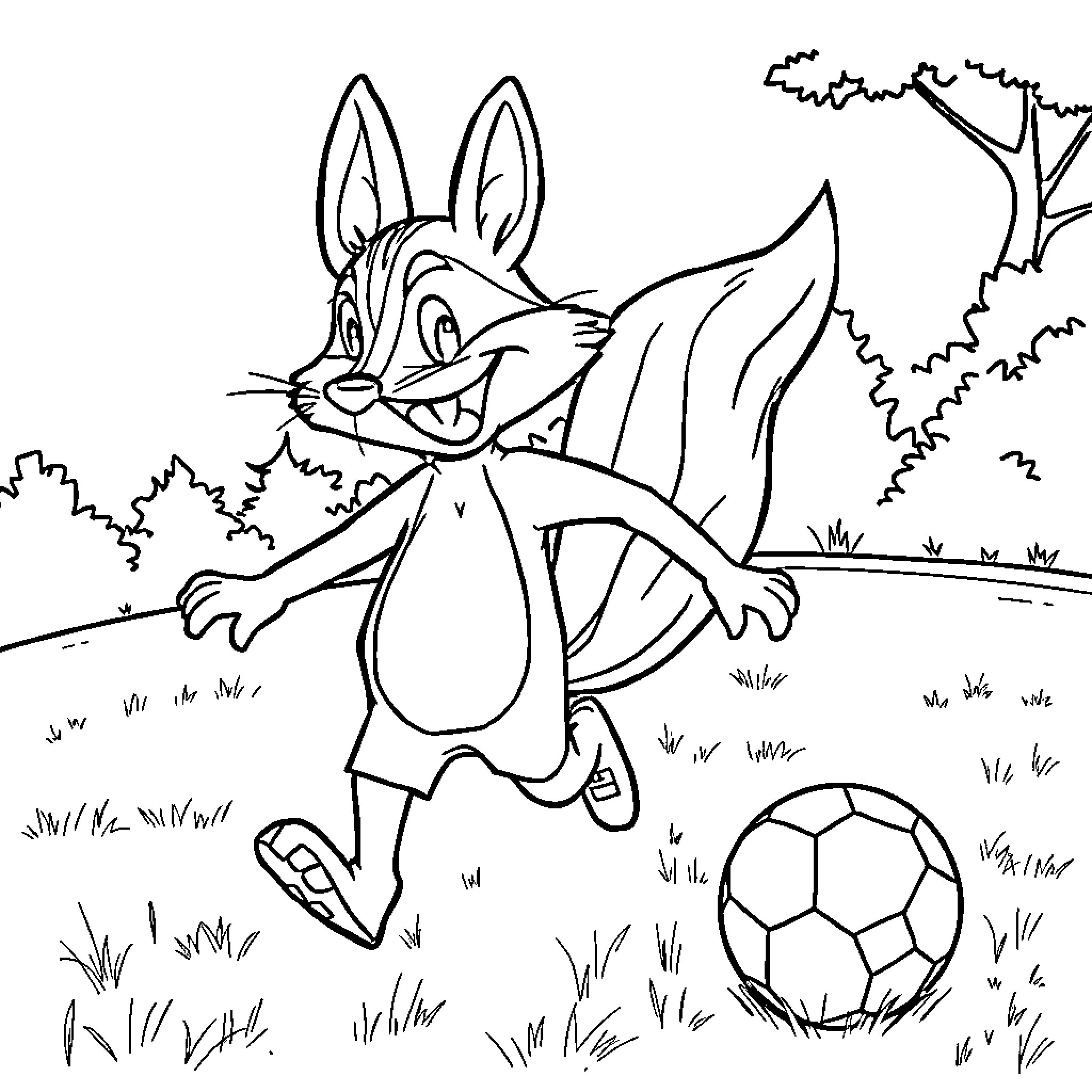 Fox playing joyfully with soccer ball in the woods Coloring Page (free black-and-white line drawing printable PDF for all, from beginners to advanced learners, including children, teens, adults, and seniors)