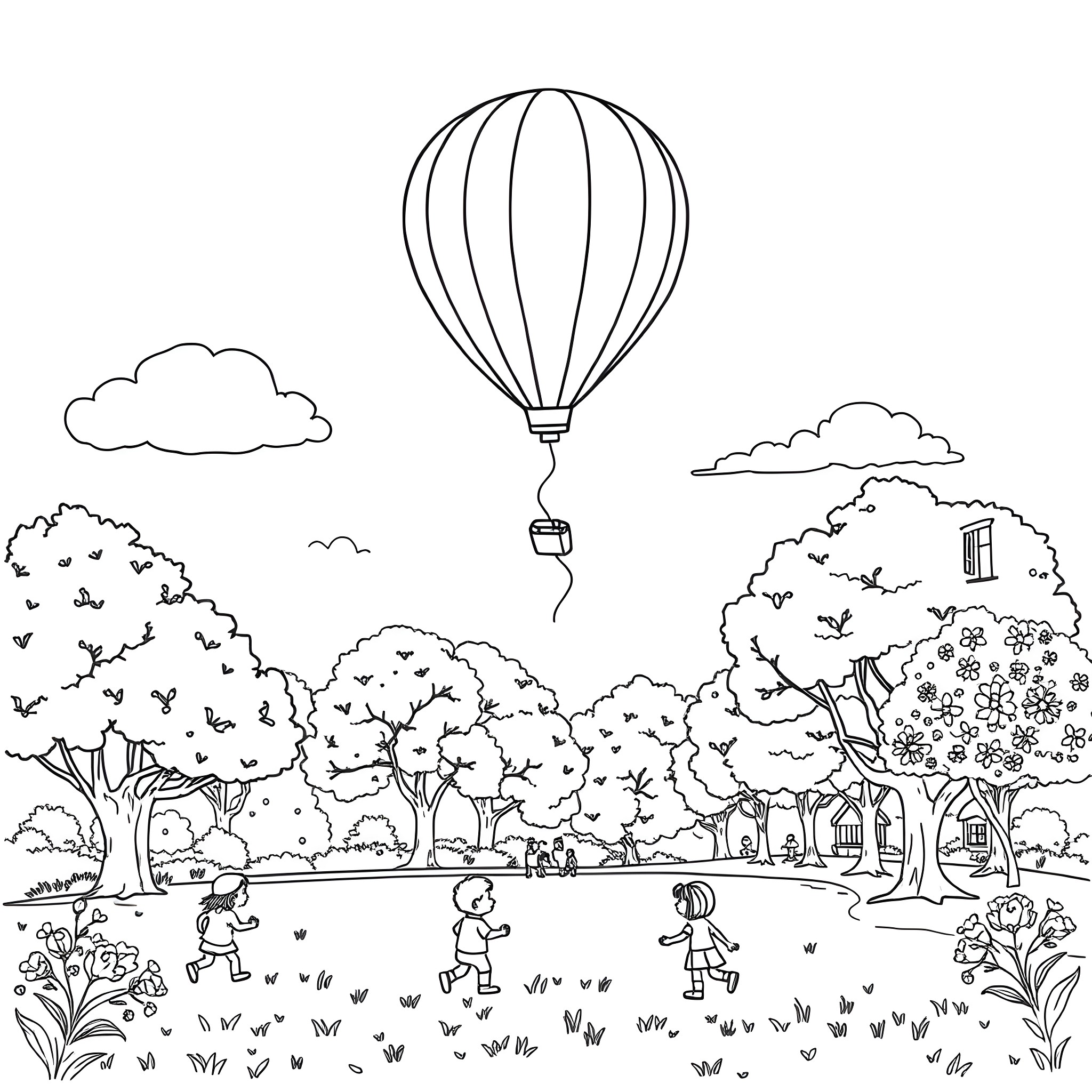Balloon Adventure in the Enchanted Forest Coloring Page (free black-and-white line drawing printable PDF for all, from beginners to advanced learners, including children, teens, adults, and seniors)