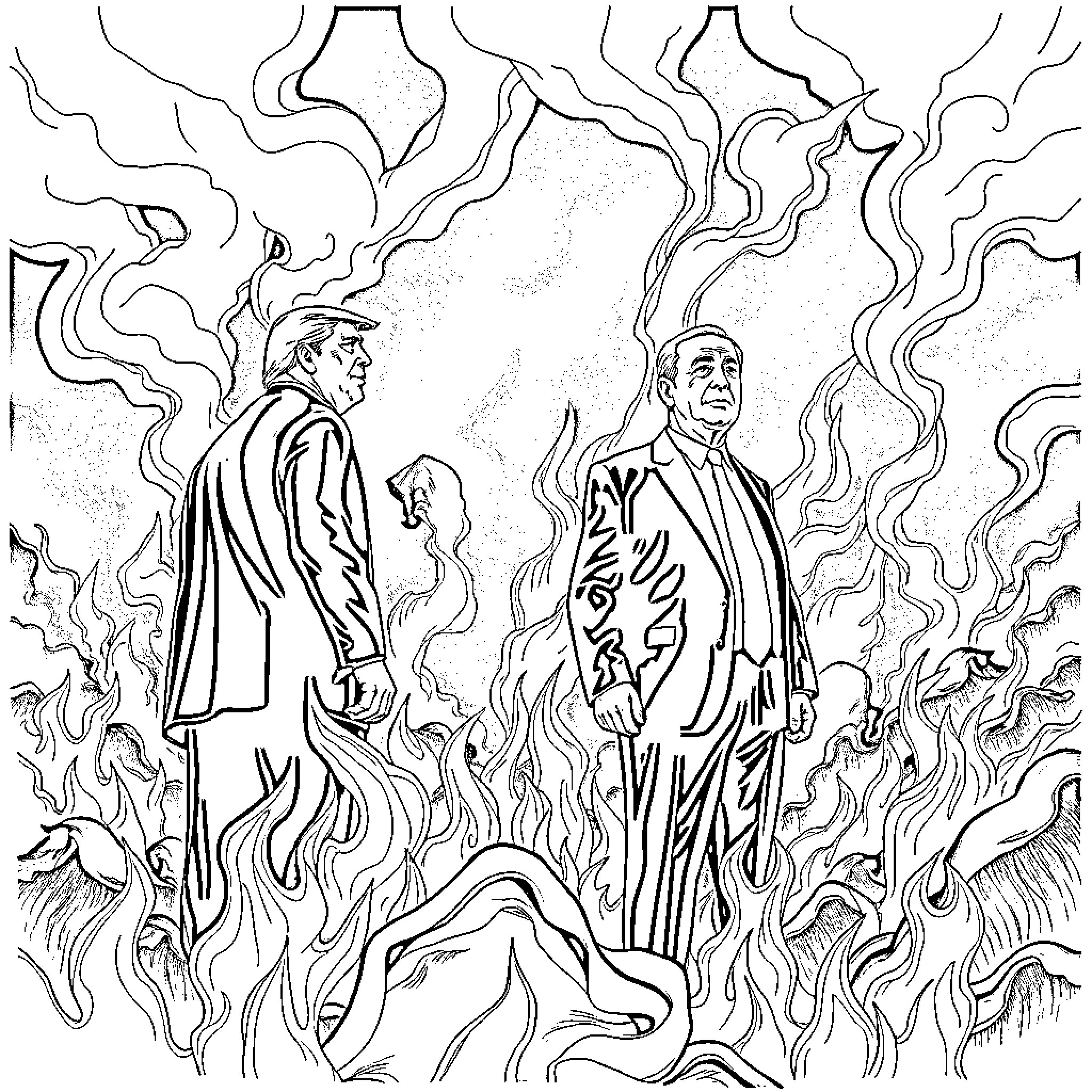 Donald Trump in heated confrontation with another figure Coloring Page (free black-and-white line drawing printable PDF for all, from beginners to advanced learners, including children, teens, adults, and seniors)