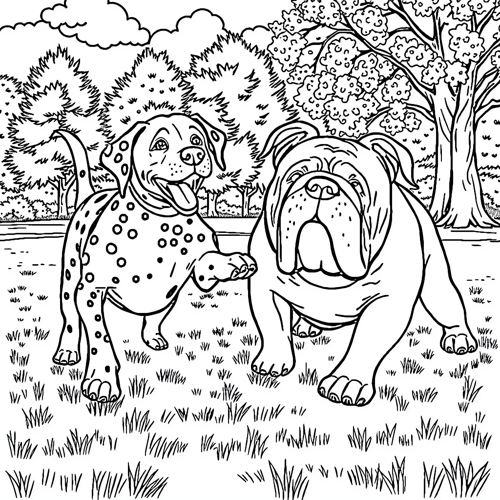 Dogs playing happily in the park Coloring Page (free black-and-white line drawing printable PDF for all, from beginners to advanced learners, including children, teens, adults, and seniors)