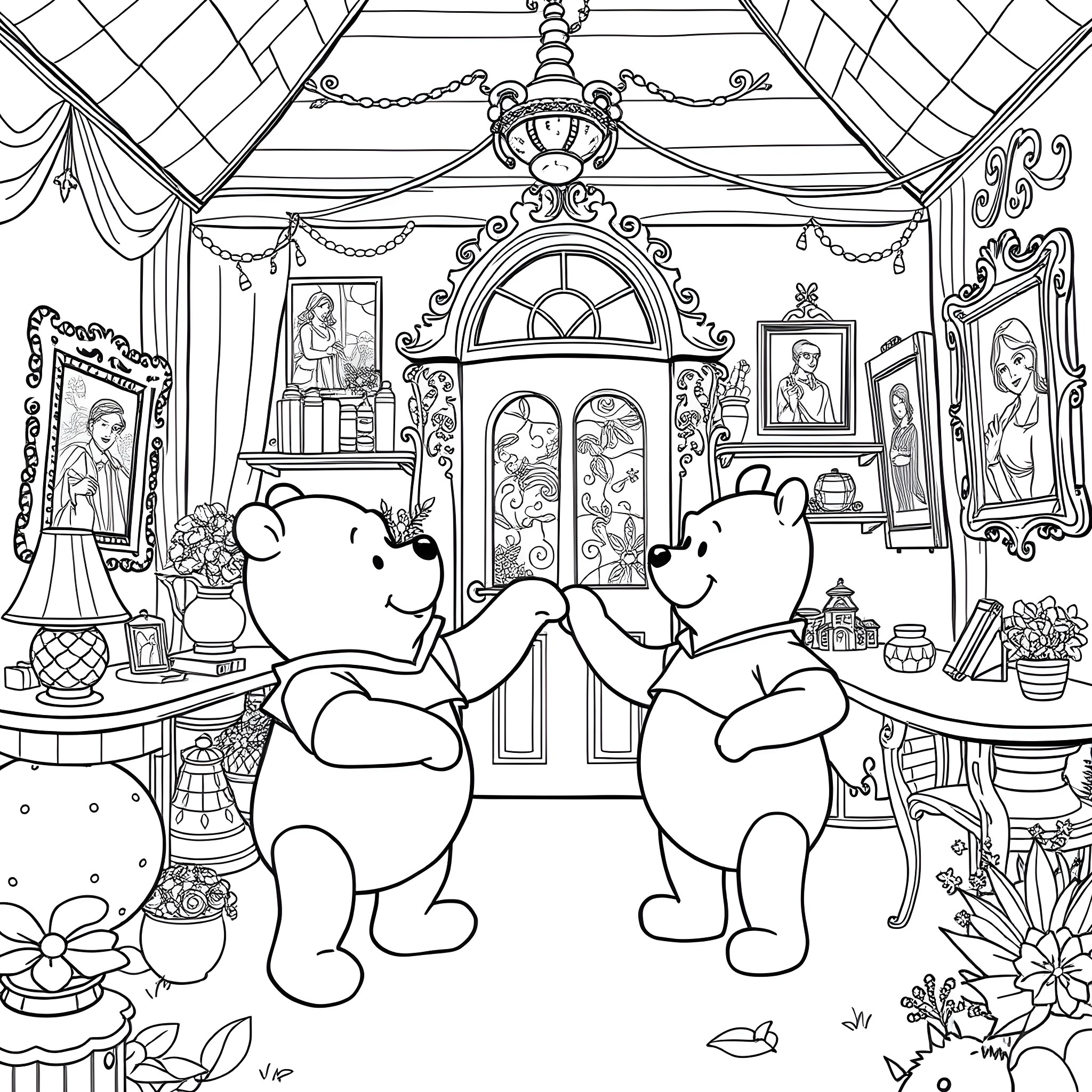 Bluey and Bingo exploring a cozy, ornate room Coloring Page (free black-and-white line drawing printable PDF for all, from beginners to advanced learners, including children, teens, adults, and seniors)