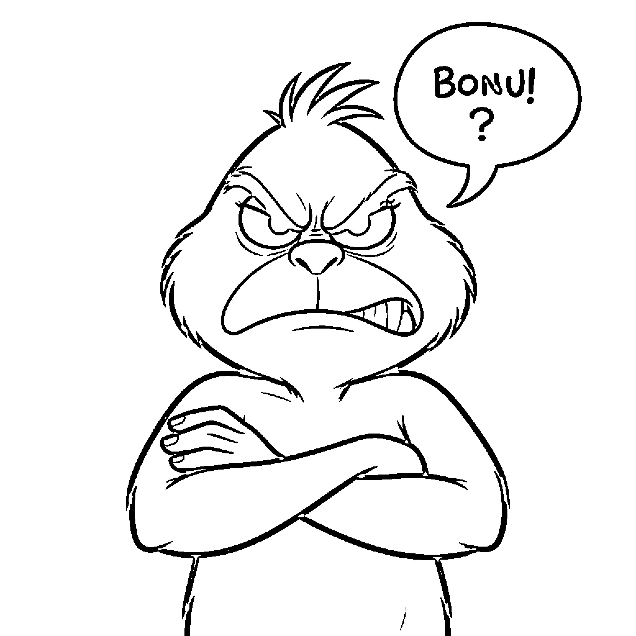 Grinch looking angry with arms crossed Coloring Page (free black-and-white line drawing printable PDF for all, from beginners to advanced learners, including children, teens, adults, and seniors)