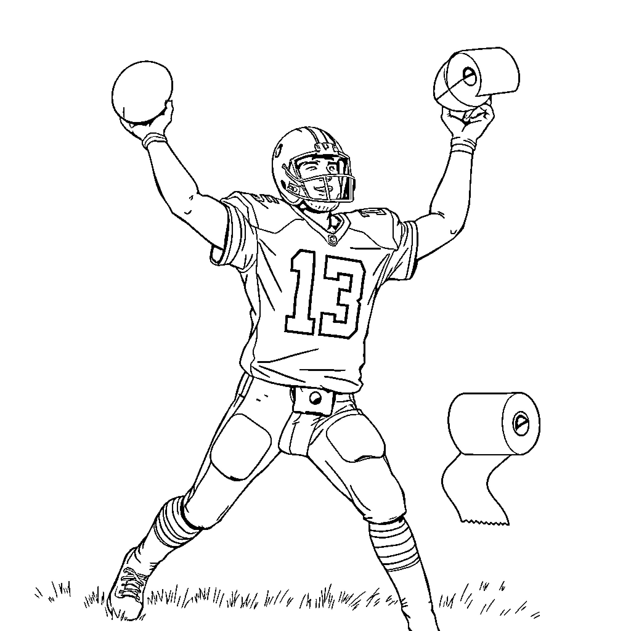 Football Player Celebrates Touchdown with Raised Arms Coloring Page (free black-and-white line drawing printable PDF for all, from beginners to advanced learners, including children, teens, adults, and seniors)