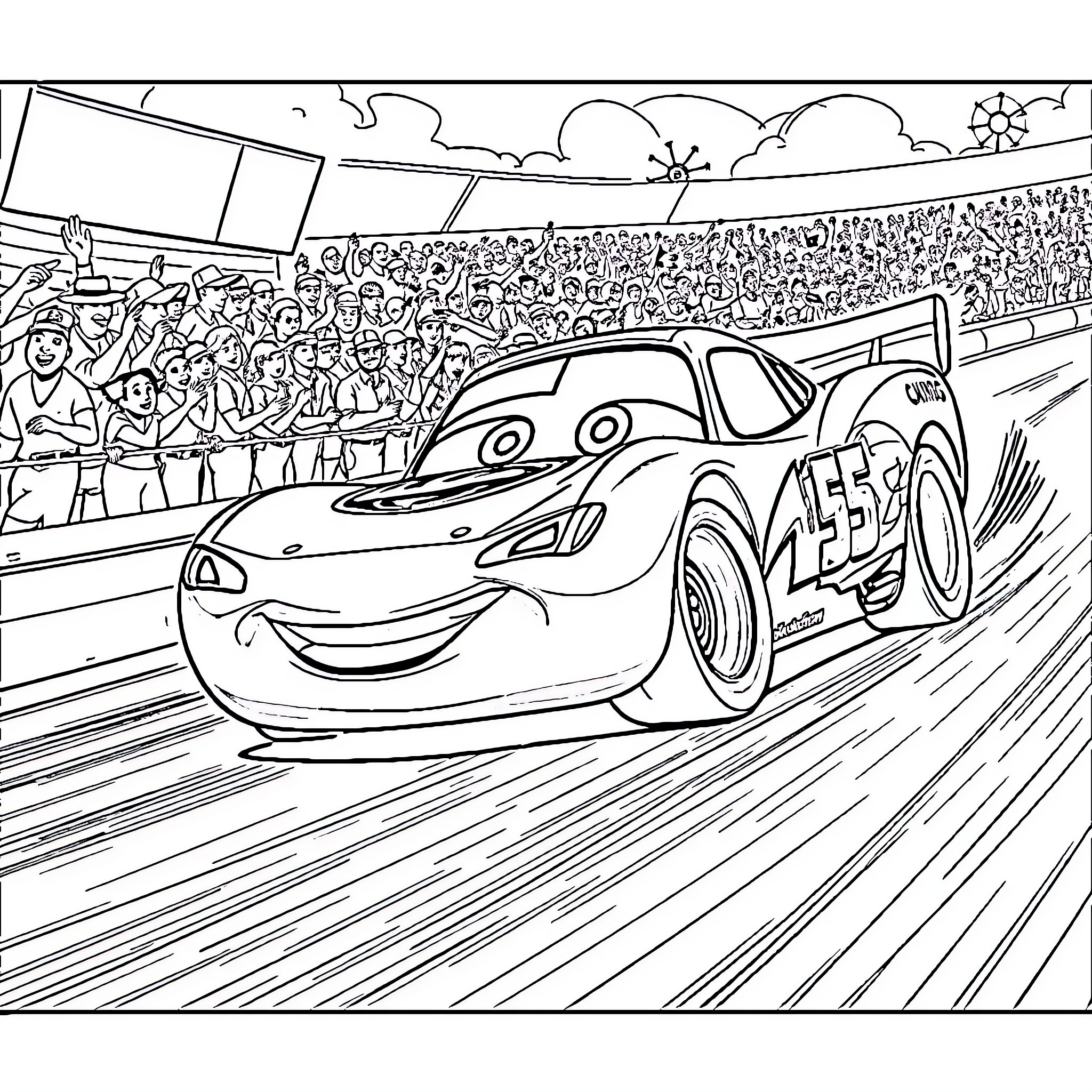 Lightning McQueen racing on the track with crowd Coloring Page (free black-and-white line drawing printable PDF for all, from beginners to advanced learners, including children, teens, adults, and seniors)