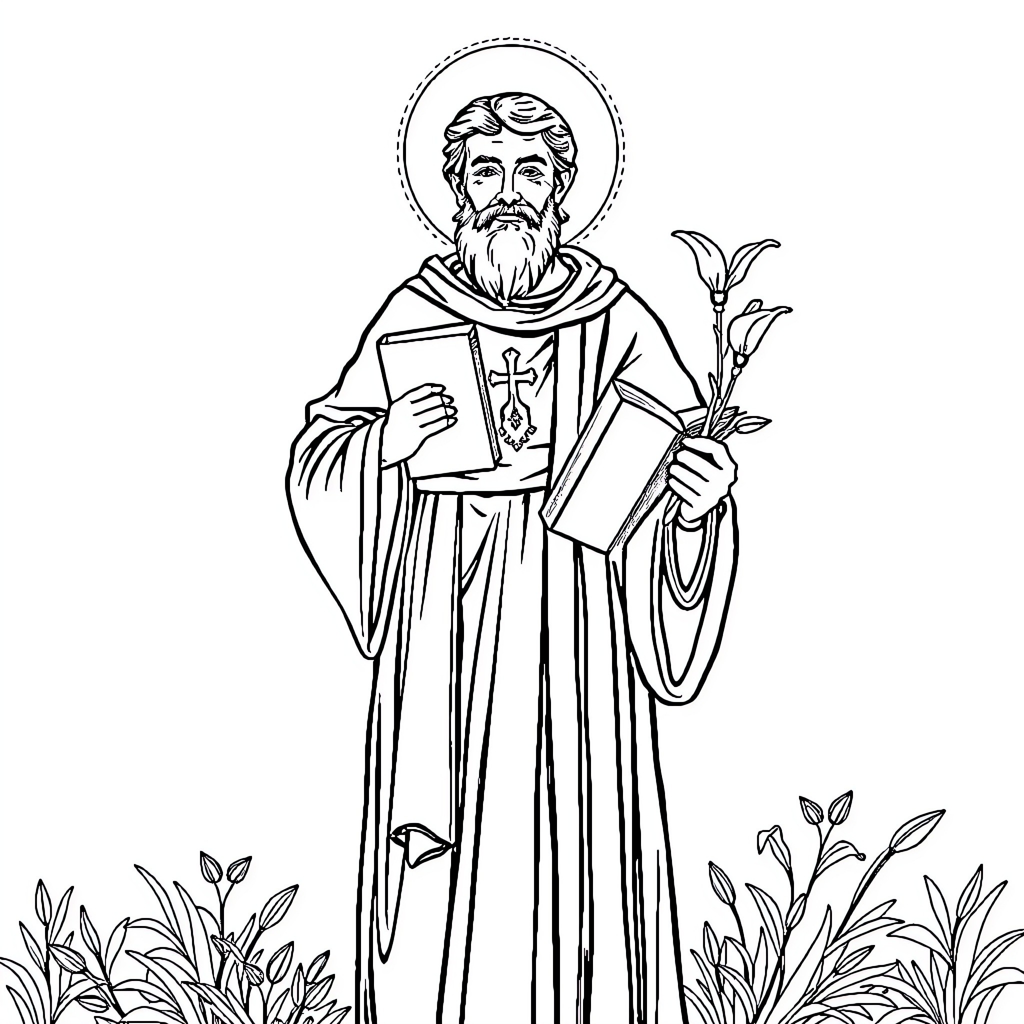 Saint Antonio preaching with religious symbols Coloring Page (free black-and-white line drawing printable PDF for all, from beginners to advanced learners, including children, teens, adults, and seniors)