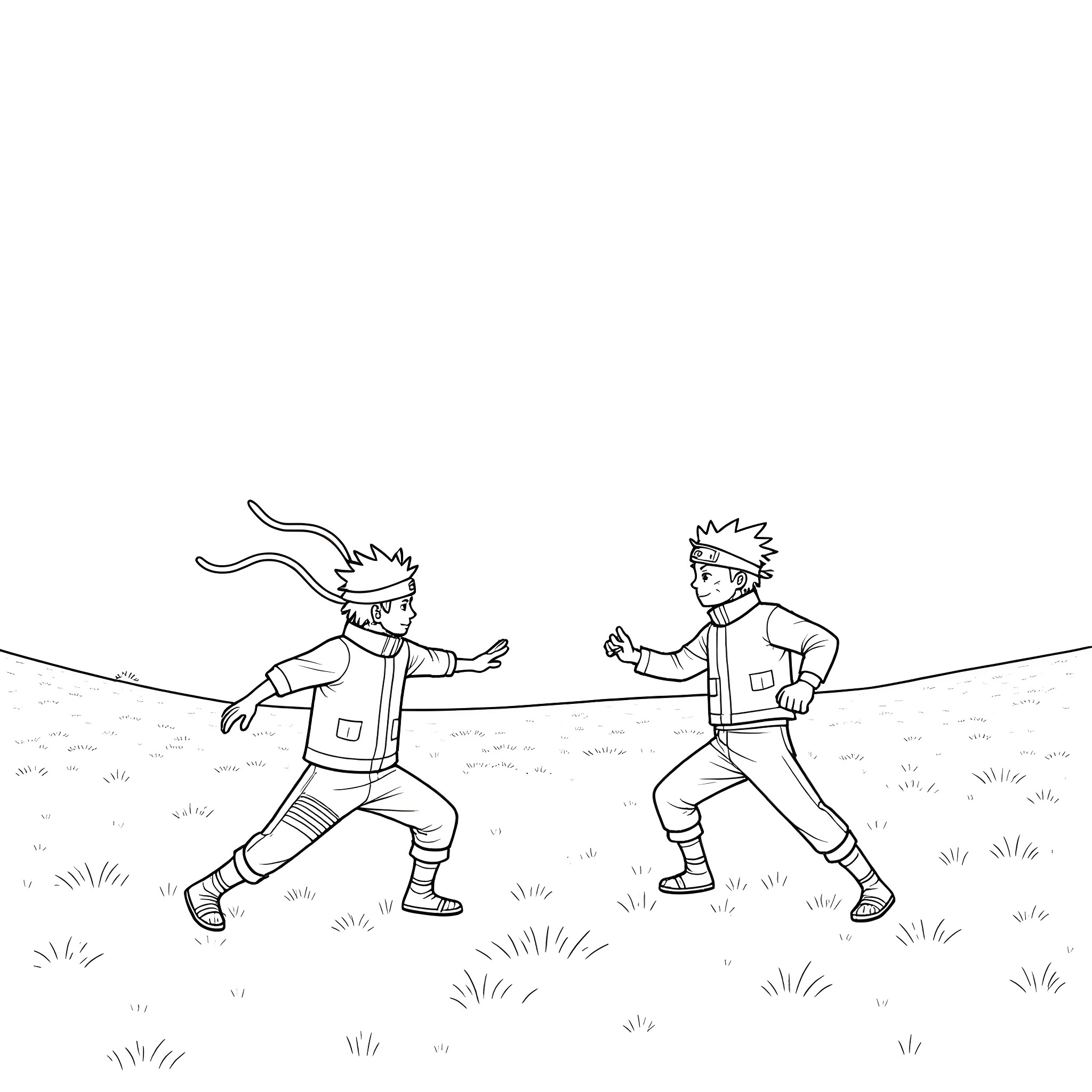 Naruto characters engaged in a sparring match Coloring Page (free black-and-white line drawing printable PDF for all, from beginners to advanced learners, including children, teens, adults, and seniors)