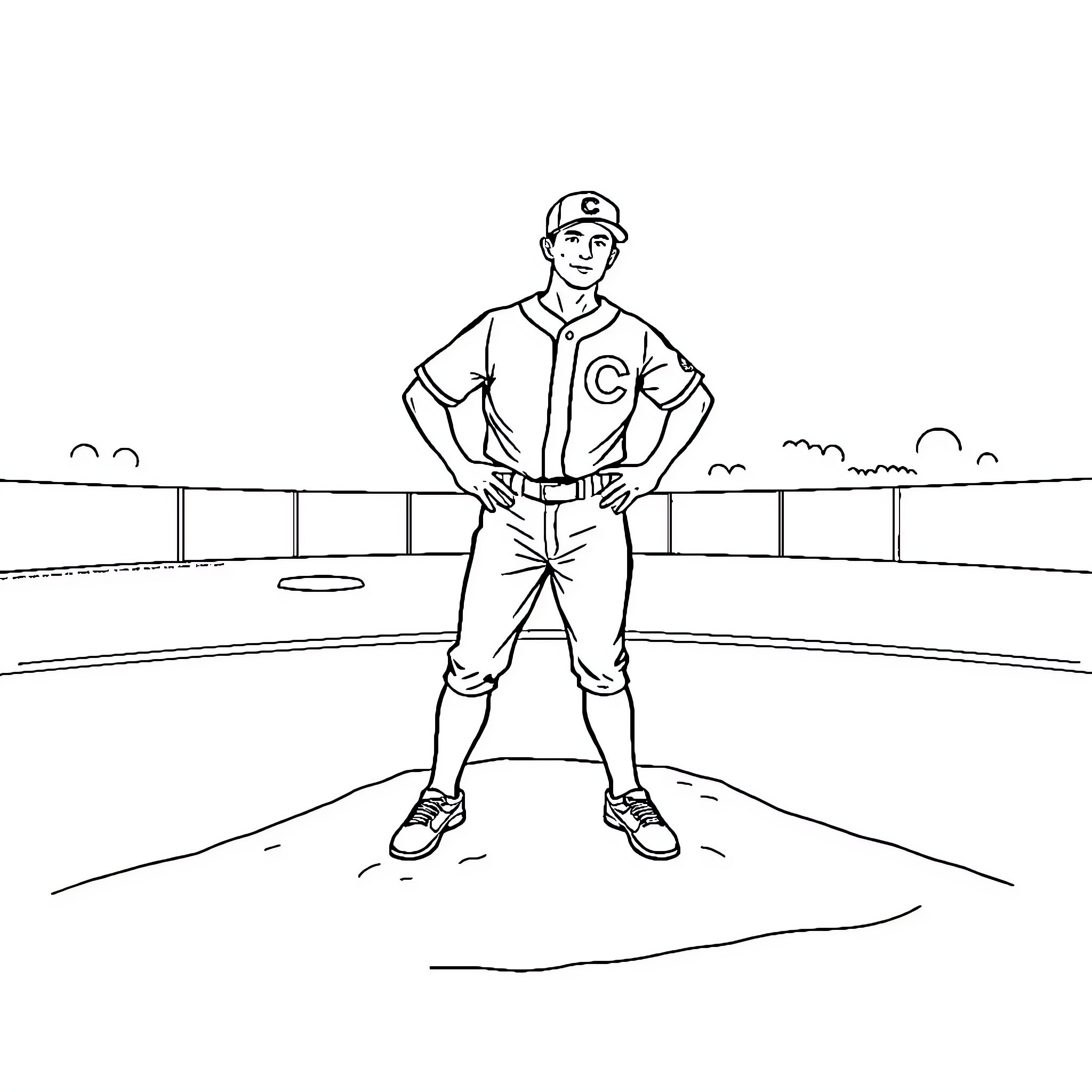 Baseball Player Standing on Field Coloring Page (free black-and-white line drawing printable PDF for all, from beginners to advanced learners, including children, teens, adults, and seniors)