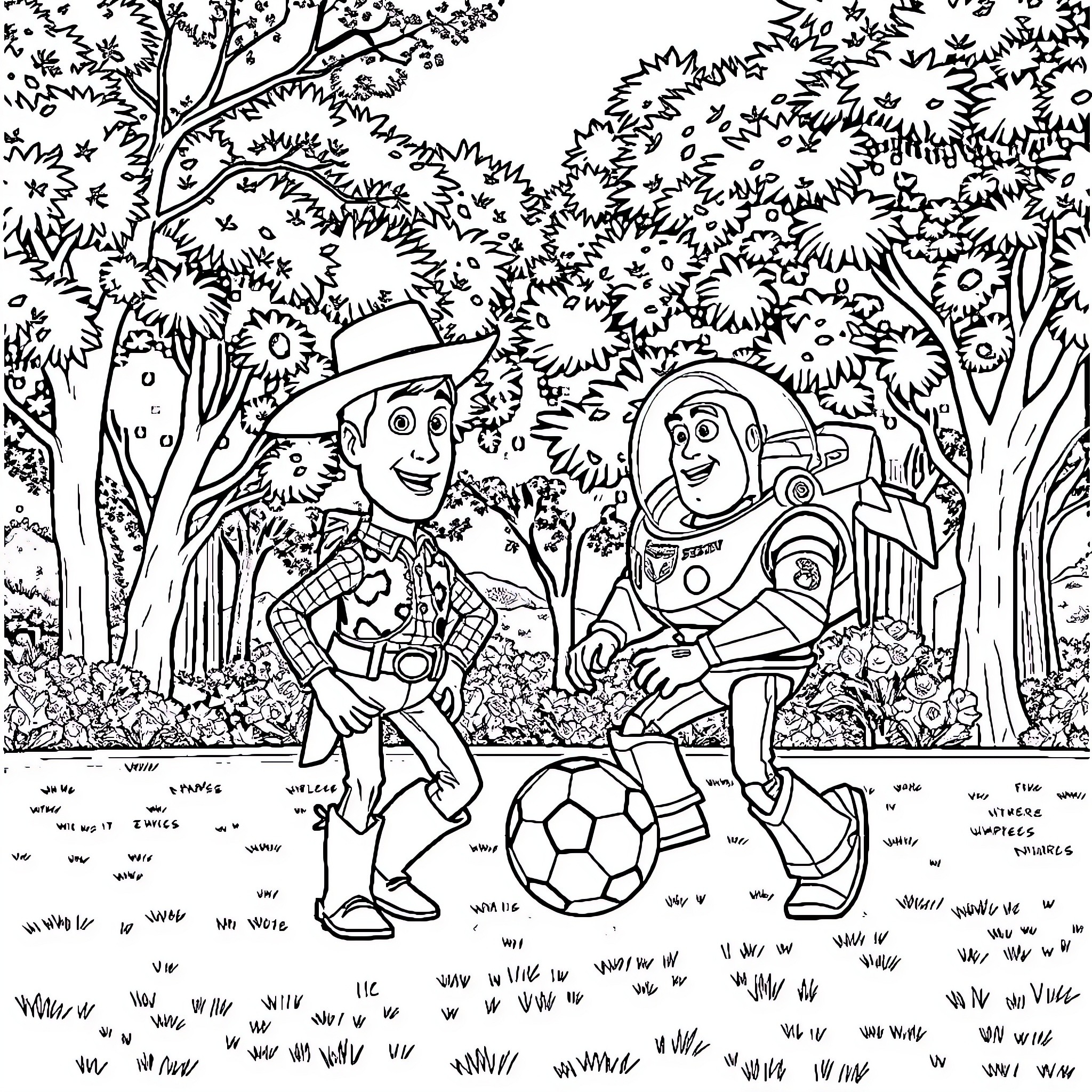 Woody and Buzz playing soccer in the woods Coloring Page (free black-and-white line drawing printable PDF for all, from beginners to advanced learners, including children, teens, adults, and seniors)