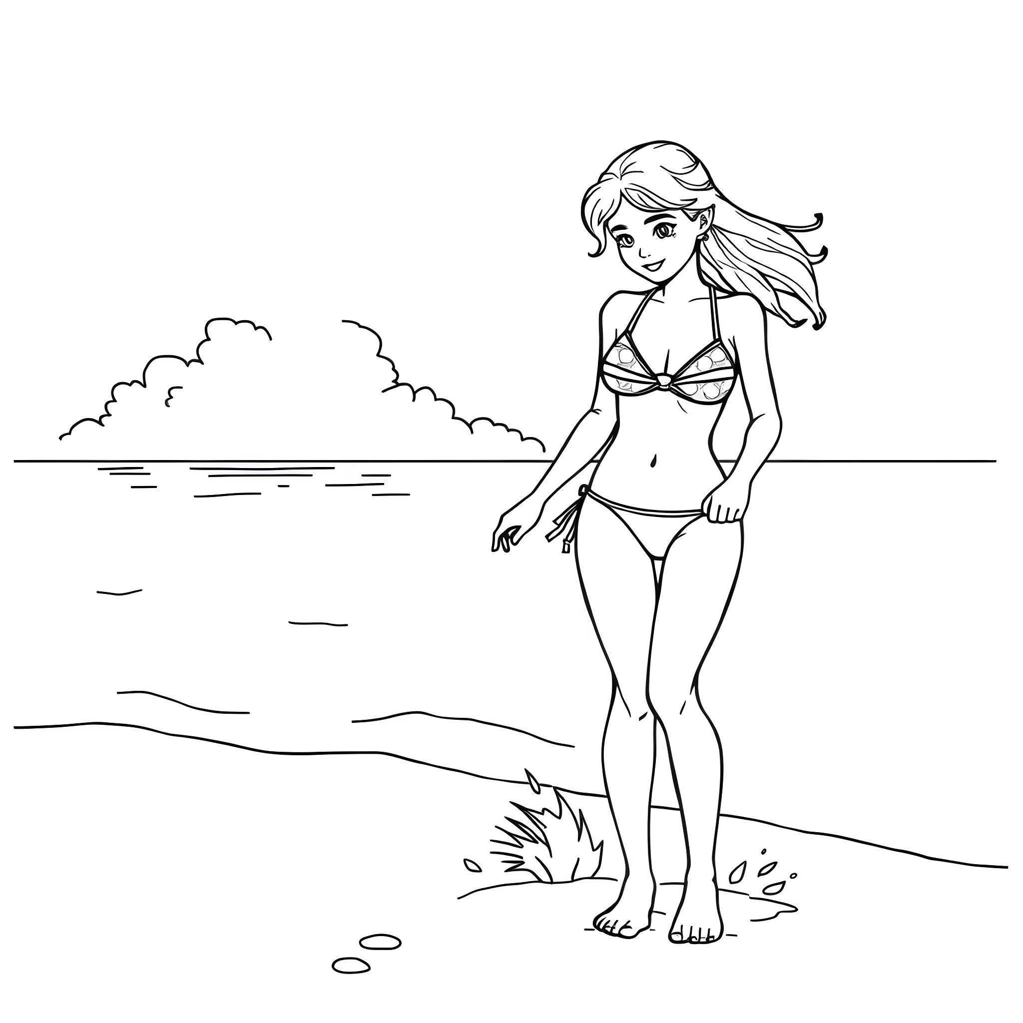 Bikini Girl Walking on Beach Coloring Page (free black-and-white line drawing printable PDF for all, from beginners to advanced learners, including children, teens, adults, and seniors)