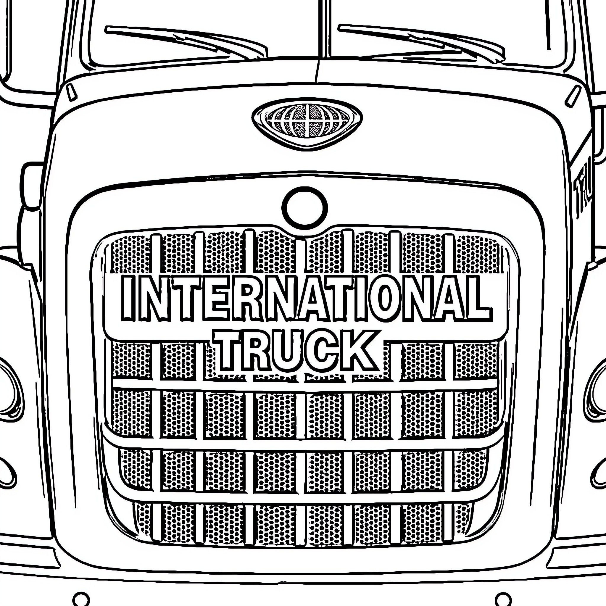 Truck with International logo and grille Coloring Page (free black-and-white line drawing printable PDF for all, from beginners to advanced learners, including children, teens, adults, and seniors)